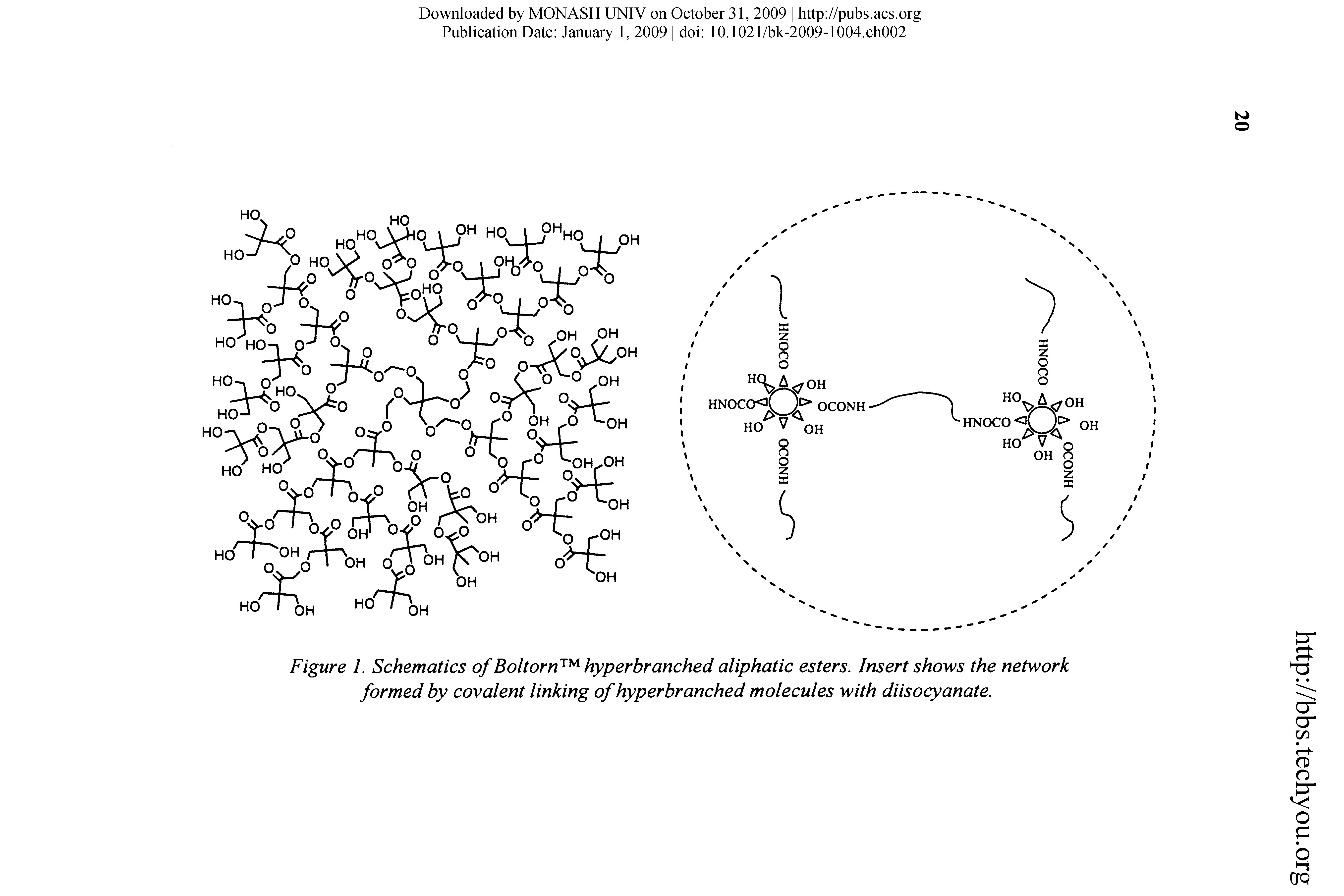 Figure 1. Schematics of Boltorn hyperbranched aliphatic esters. Insert shows the network formed by covalent linking of hyperbranched molecules with diisocyanate.