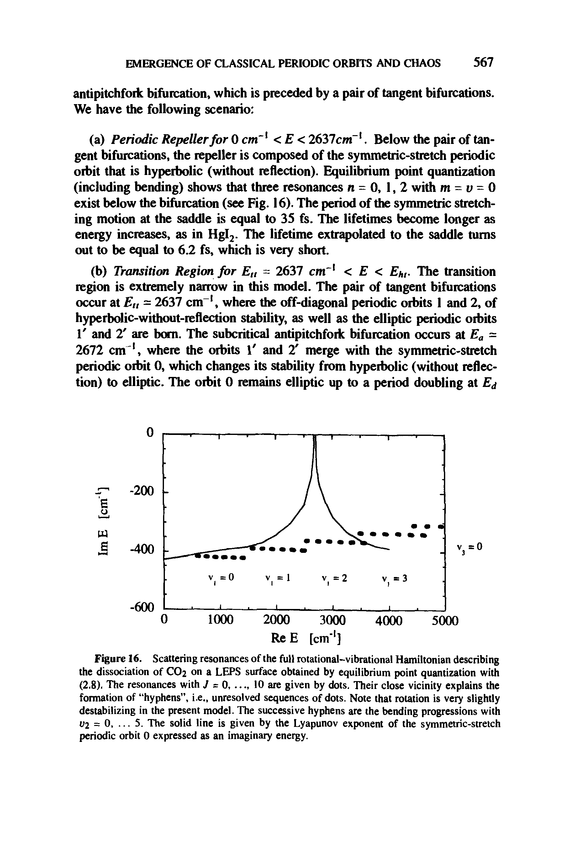 Figure 16. Scattering resonances of the full rotational-vibrational Hamiltonian describing the dissociation of CO2 on a LEPS surface obtained by equilibrium point quantization with (2.8). The resonances with 7 = 0,..., 10 are given by dots. Their close vicinity explains the formation of hyphens , i.e., unresolved sequences of dots. Note that rotation is very slightly destabilizing in the present model. The successive hyphens are the bending progressions with V2 = 0,. .. 5. The solid line is given by the Lyapunov exponent of the symmetric-stretch periodic orbit 0 expressed as an imaginary energy.