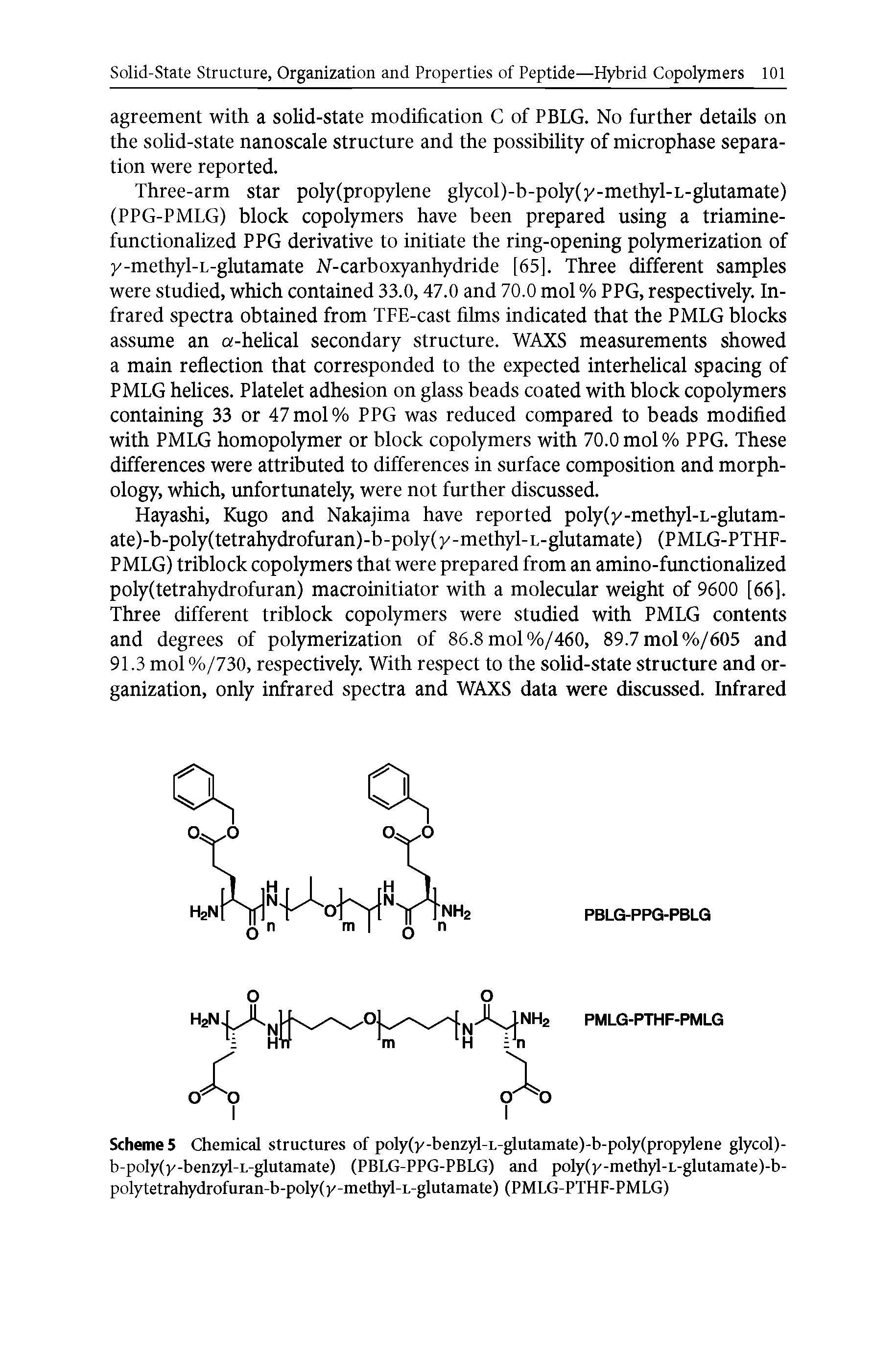 Scheme 5 Chemical structures of poly(y-benzyl-L-glutamate)-b-poly(propylene glycol)-b-poly(y-benzyl-L-glutamate) (PBLG-PPG-PBLG) and poly(y-methyl-L-glutamate)-b-polytetrahydrofuran-b-poly(y-methyl-L-glutamate) (PMLG-PTHF-PMLG)...