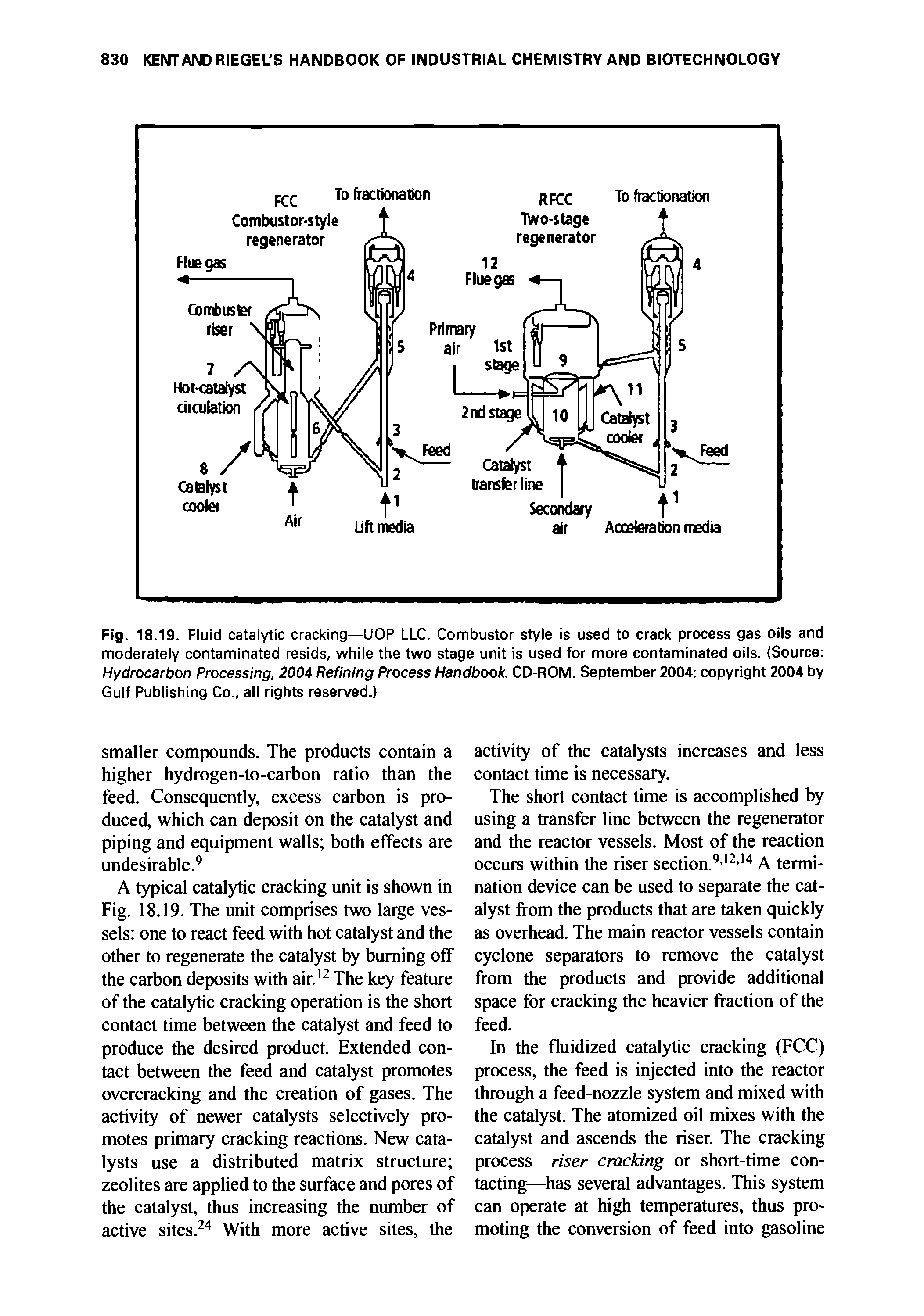 Fig. 18.19. Fluid catalytic cracking—UOP LLC. Combustor style is used to crack process gas oils and moderately contaminated resids, while the two-stage unit is used for more contaminated oils. (Source Hydrocarbon Processing, 2004 Refining Process Handbook. CD-ROM. September 2004 copyright 2004 by Gulf Publishing Co., all rights reserved.)...