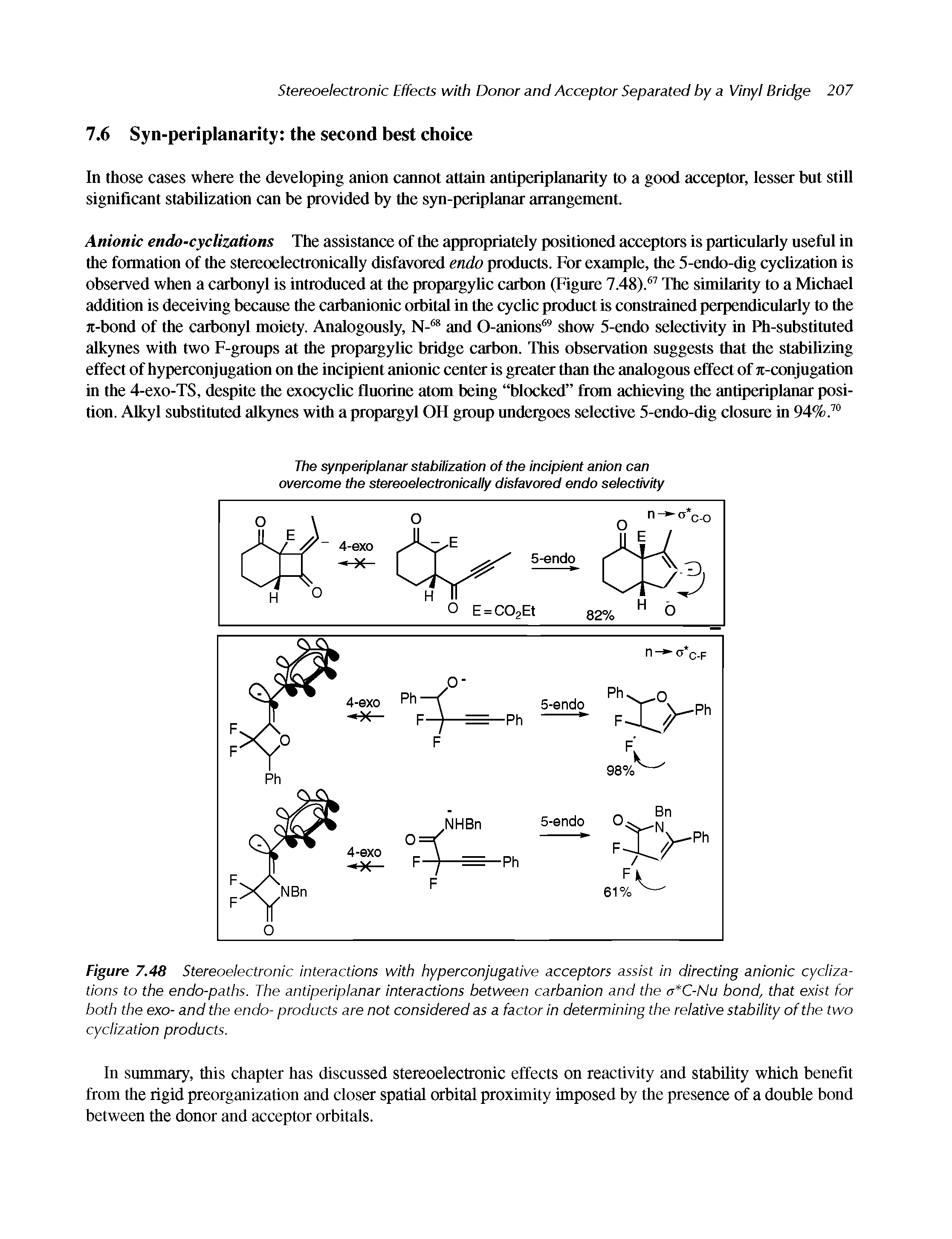 Figure 7.48 Stereoelectronic interactions with hyperconjugative acceptors assist in directing anionic cycliza-tions to the endo-paths. The antiperiplanar interactions between carbanion and the a C-Nu bond, that exist for both the exo- and the endo- products are not considered as a factor in determining the relative stability of the two cycUzation products.