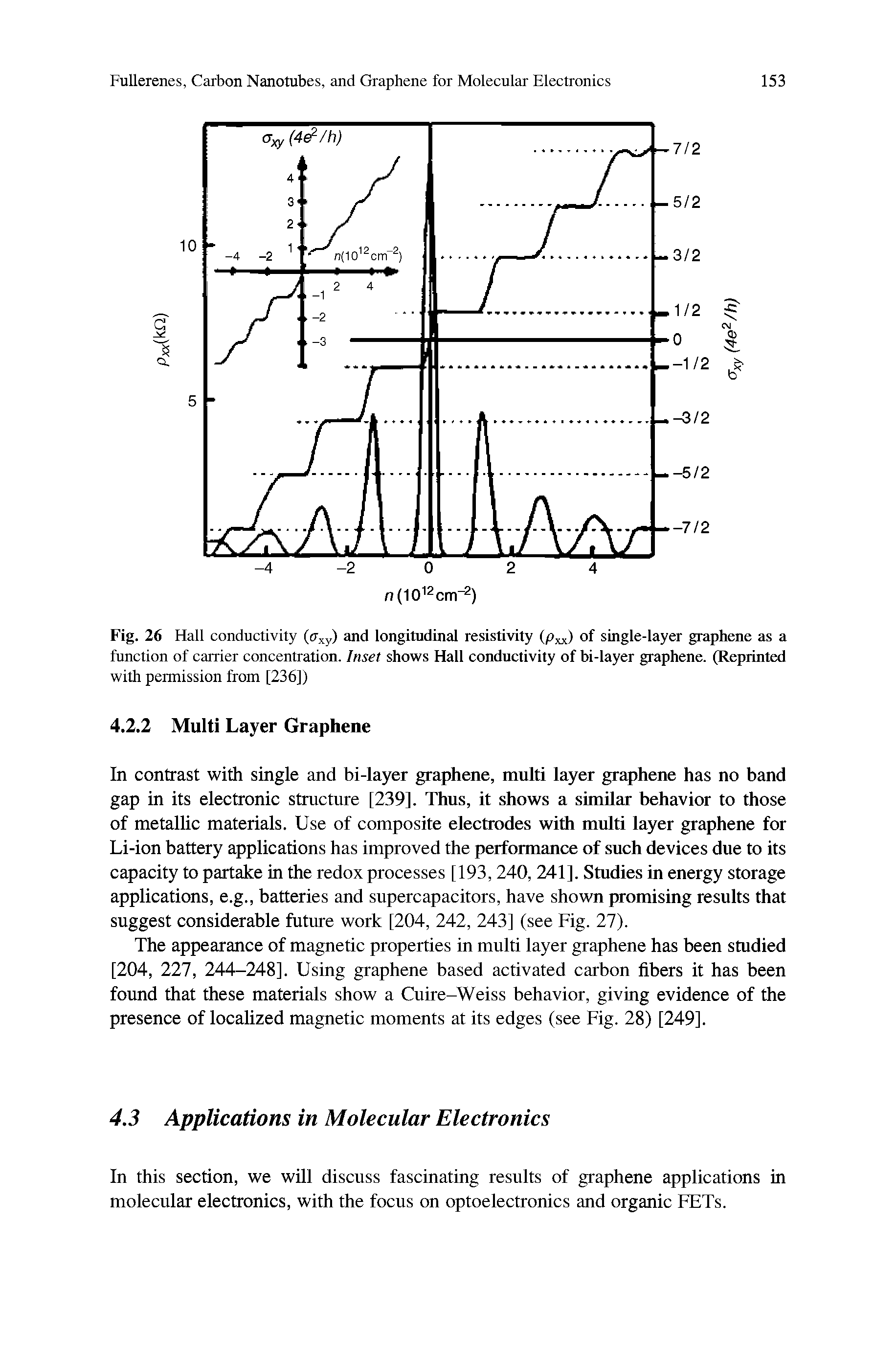 Fig. 26 Hall conductivity (tr y) and longitudinal resistivity (p x) of single-layer graphene as a function of carrier concentration. Inset shows Hall conductivity of bi-layer graphene. (Reprinted with permission from [236])...