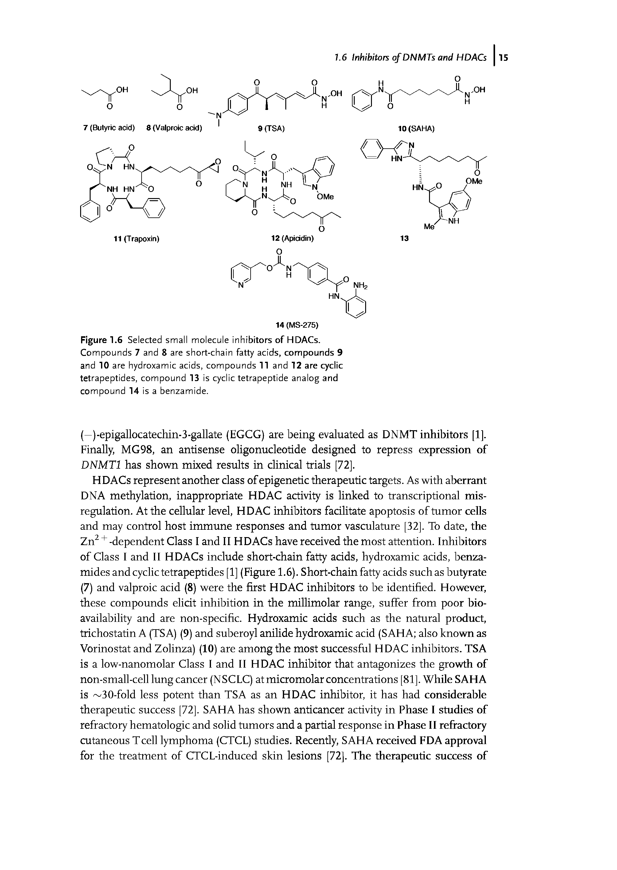 Figure 1.6 Selected small molecule inhibitors of HDACs. Compounds 7 and 8 are short-chain fatty acids, compounds 9 and 10 are hydroxamic acids, compounds 11 and 12 are cyclic tetrapeptides, compound 13 is cyclic tetrapeptide analog and compound 14 is a benzamide.