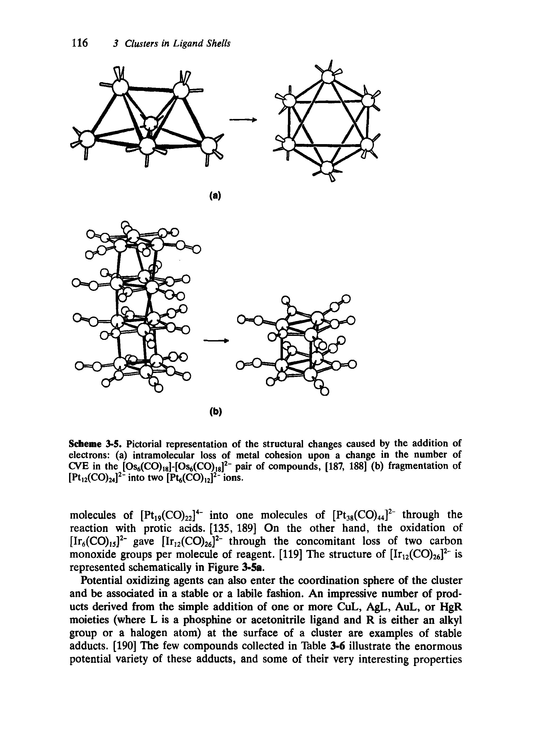 Scheme 3-5. Pictorial representation of the structural changes caused by the addition of electrons (a) intramolecular loss of metal cohesion upon a change in the number of CVE in the [Os6(CO)i8]-[Os6(CO)i8] pair of compounds, [187, 188] (b) fragmentation of [Pti2(CO)24] into two [Pt (CO)i2] ions.
