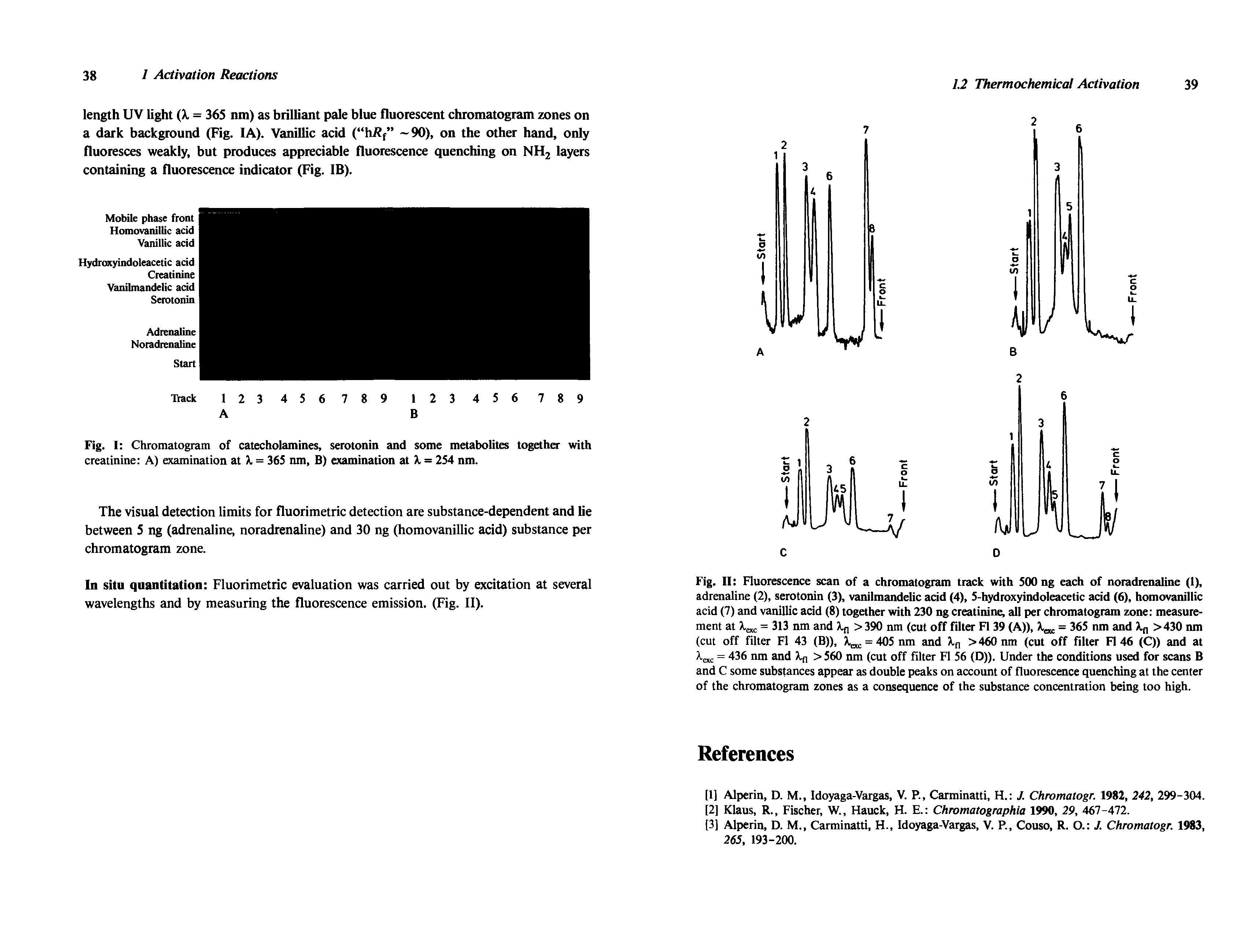 Fig. II Fluorescence scan of a chromatogram track with SOO ng each of noradrenaline (1), adrenaline (2), serotonin (3), vanilmandelic add (4), 5-hydroxyindoleacetic add (6), homovanillic acid (7) and vanillic acid (8) together with 230 ng creatinine, all per chromatogram zone measurement at X(3,c = 313 nm and > 390 nm (cut off filter FI 39 (A)), X = 365 nm and Xj, >430 nm...