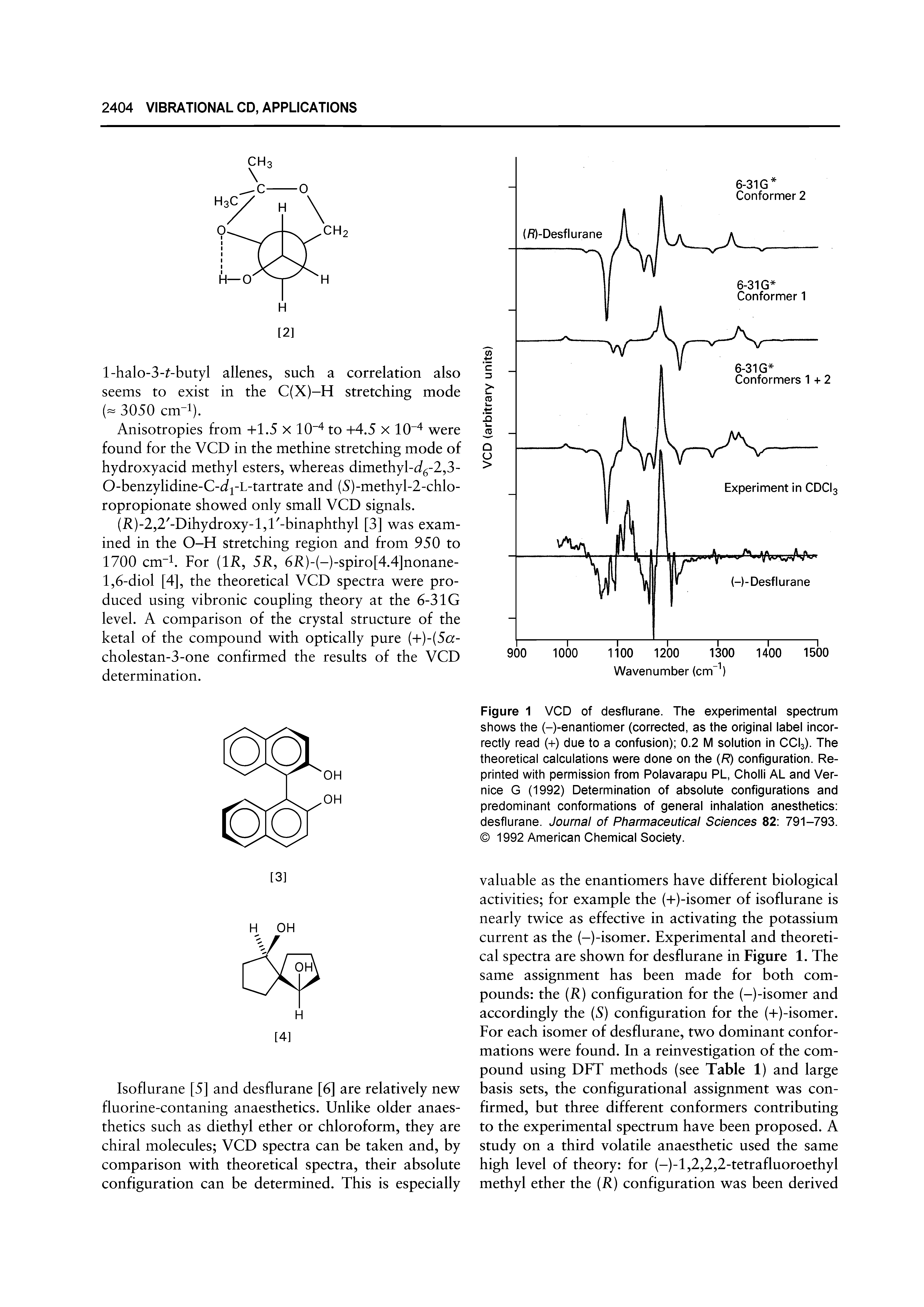 Figure 1 VCD of desflurane. The experimental spectrum shows the (-)-enantiomer (corrected, as the original label incorrectly read (+) due to a confusion) 0.2 M solution in CCI3). The theoretical calculations were done on the (R) configuration. Reprinted with permission from Polavarapu PL, Cholli AL and Ver-nice G (1992) Determination of absolute configurations and predominant conformations of general inhalation anesthetics desflurane. Journal of Pharmaceutical Sciences 82 791-793. 1992 American Chemical Society.