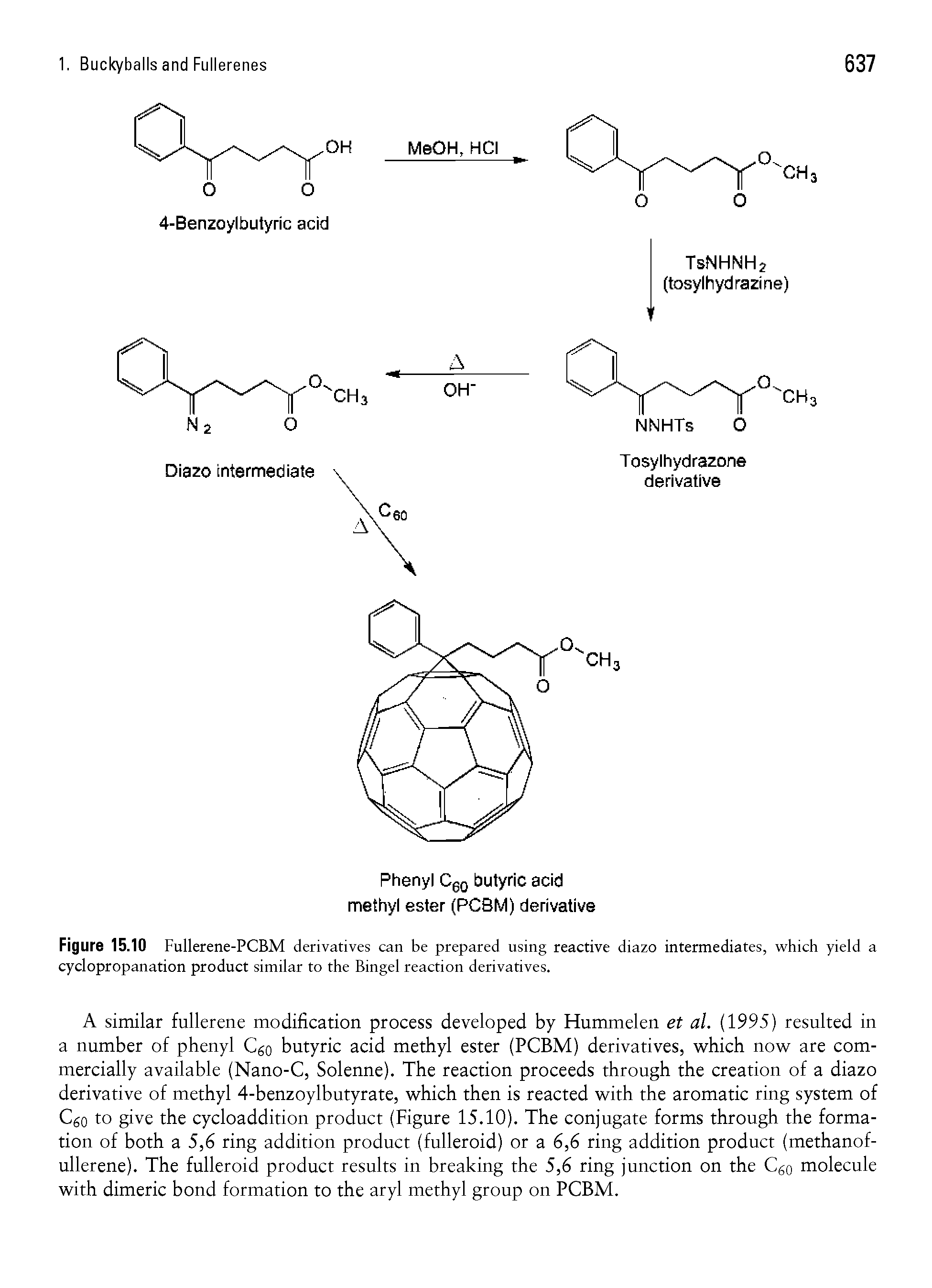 Figure 15.10 Fullerene-PCBM derivatives can be prepared using reactive diazo intermediates, which yield a cyclopropanation product similar to the Bingel reaction derivatives.