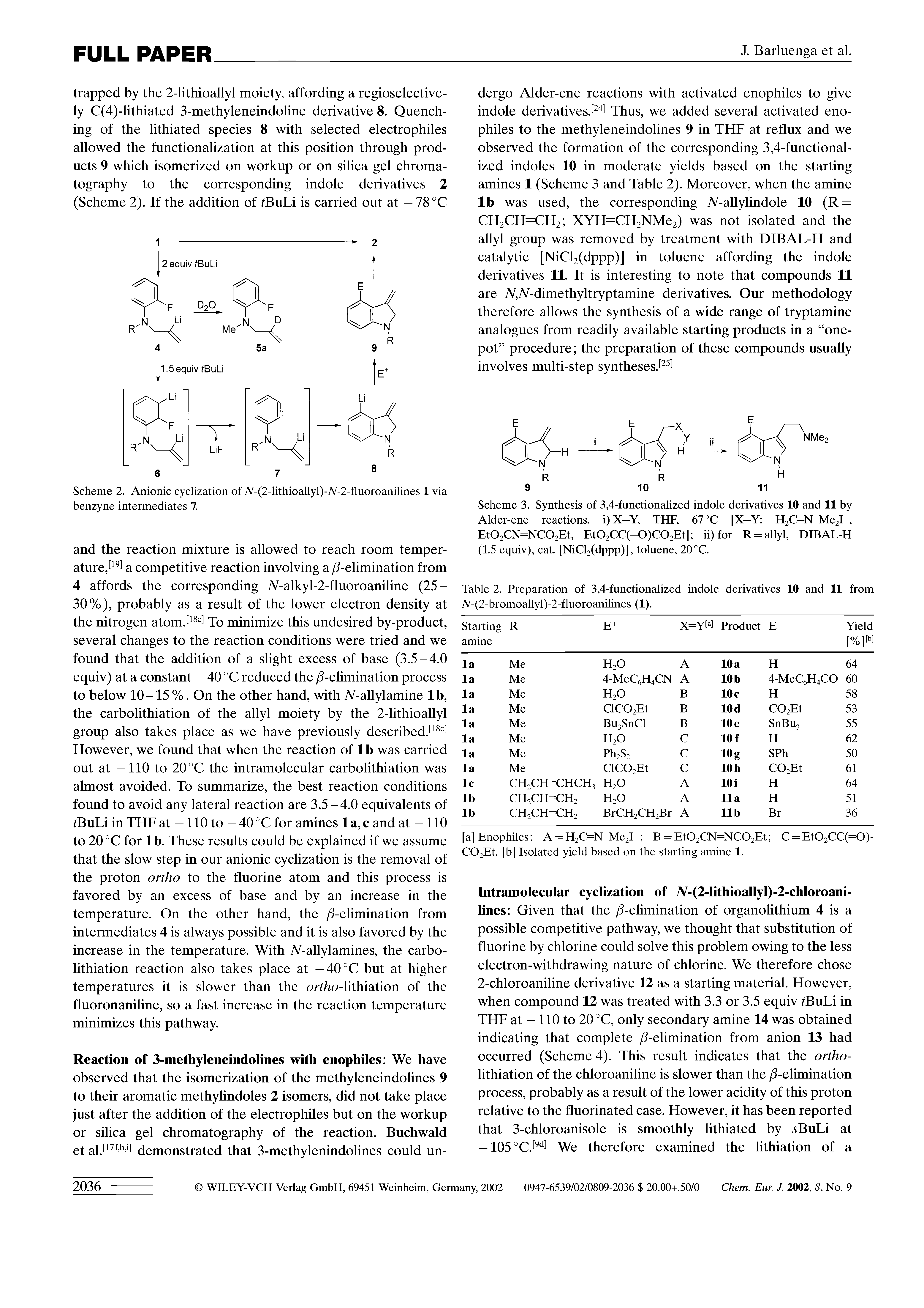 Scheme 2. Anionic cyclization of A/-(2-lithioallyl)-/V-2-fluoroanilines 1 via benzyne intermediates 7.