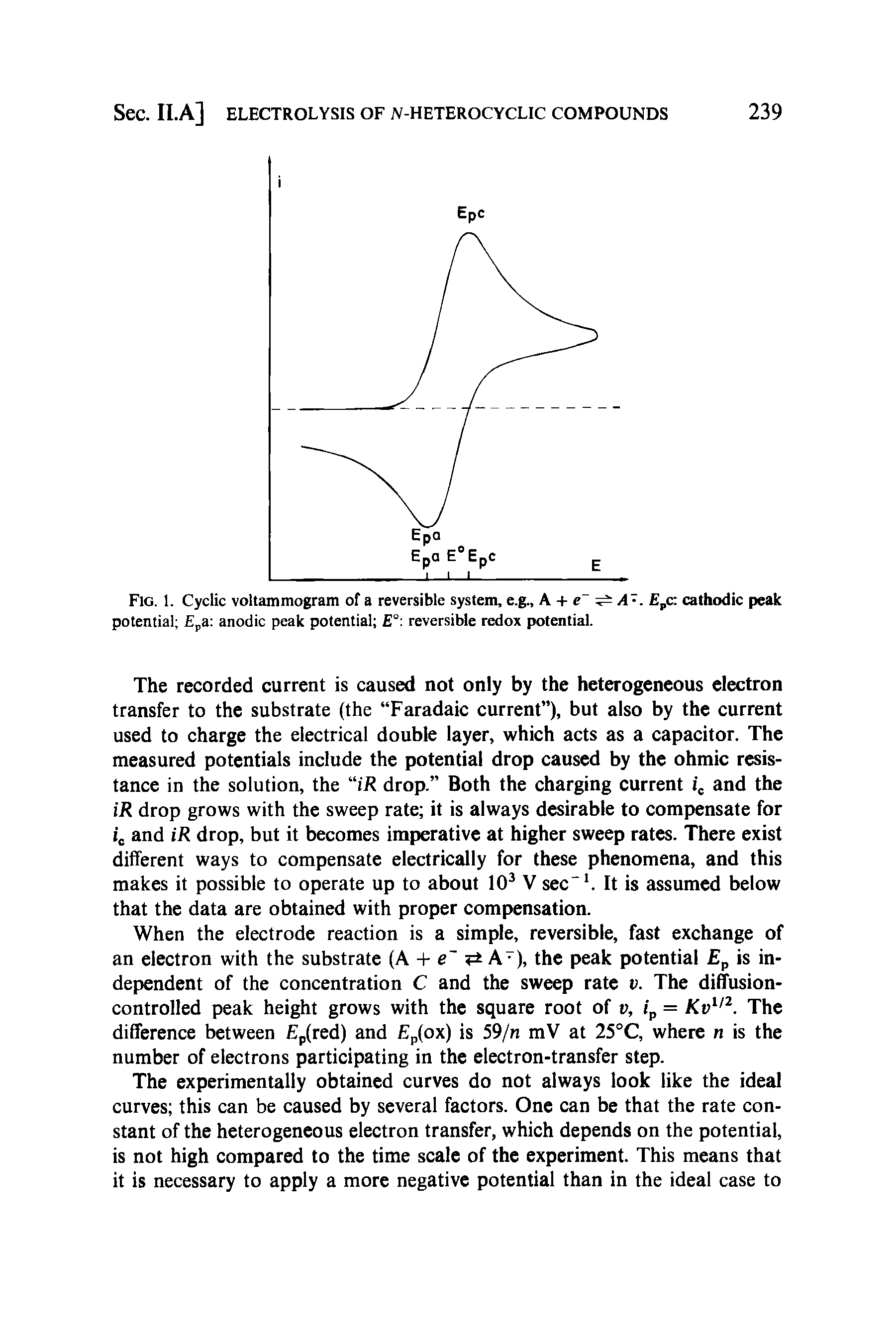 Fig. 1. Cyclic voltammogram of a reversible system, e.g., A + e a . Epc cathodic peak potential a anodic peak potential E reversible redox potential.