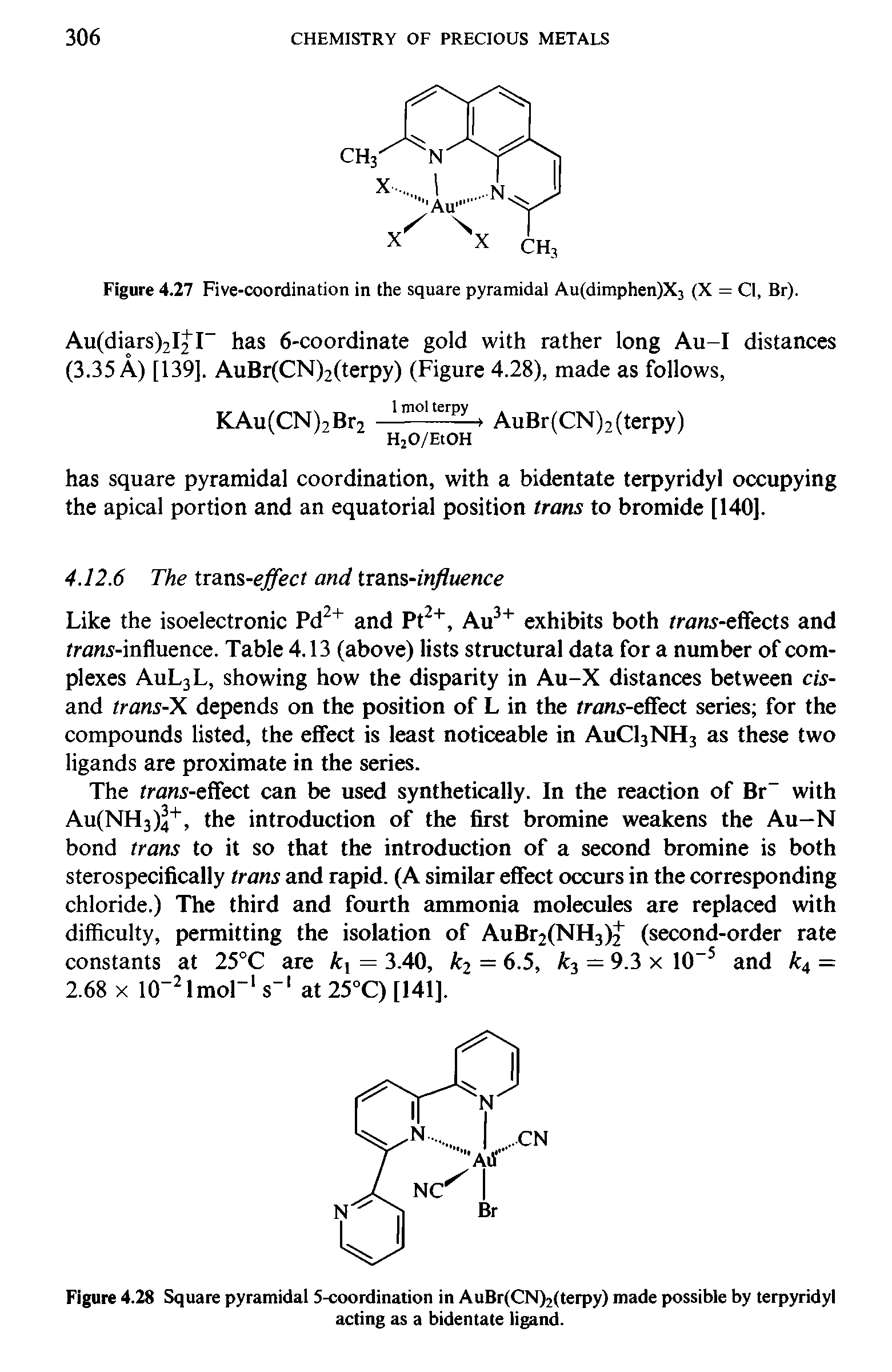 Figure 4.27 Five-coordination in the square pyramidal Au(dimphen)X3 (X = Cl, Br).