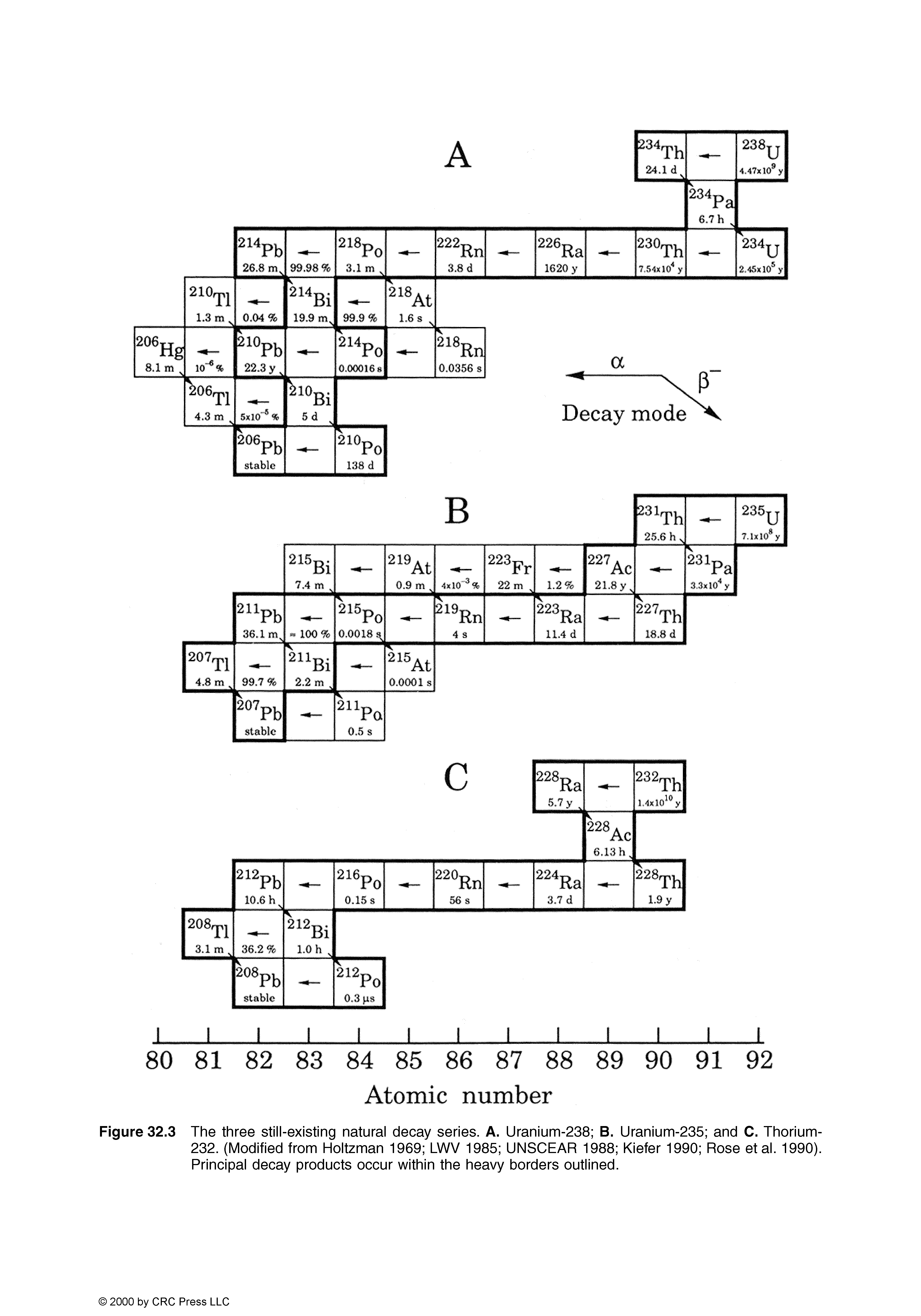 Figure 32.3 The three still-existing natural decay series. A. Uranium-238 B. Uranium-235 and C. Thorium-232. (Modified from Holtzman 1969 LWV 1985 UNSCEAR 1988 Kiefer 1990 Rose etal. 1990). Principal decay products occur within the heavy borders outlined.