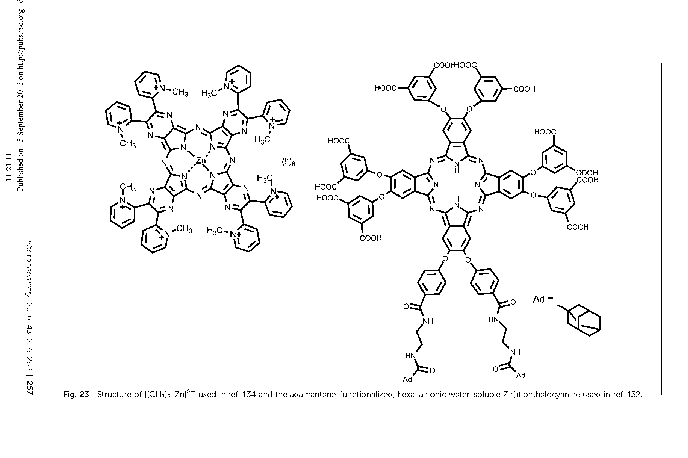 Fig. 23 Structure of [(CH3)8l Zn] used in ref. 134 and the adamantane-functionalized, hexa-anionic water-soluble Zn(ii) phthalocyanine used in ref. 132.
