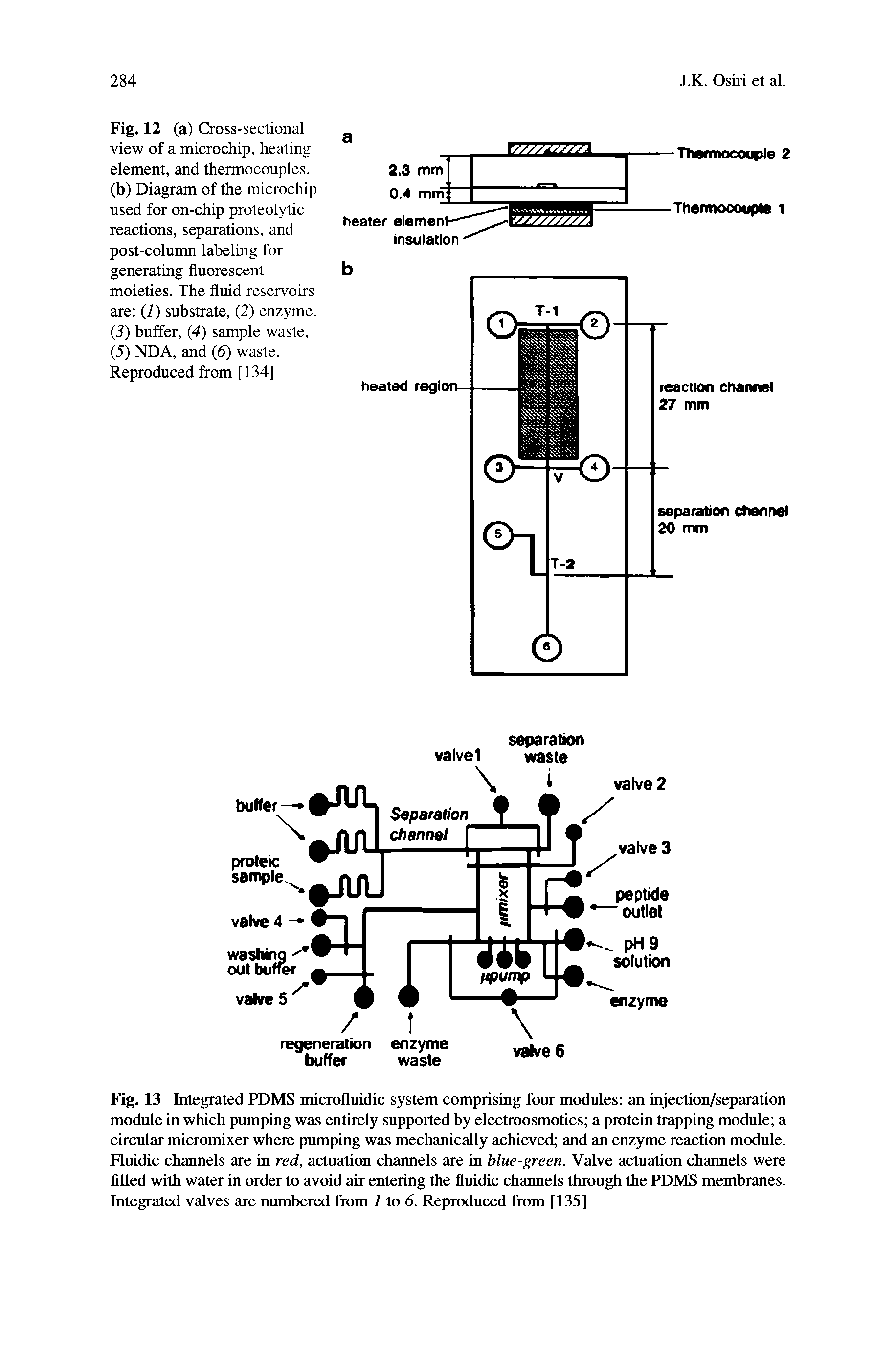 Fig. 13 Integrated PDMS microfluidic system comprising four modules an injection/separation module in which pumping was entirely supported by electroosmotics a protein trapping module a circular micromixer where pumping was mechanically achieved and an enzyme reaction module. Fluidic channels are in red, actuation channels are in blue-green. Valve actuation channels were filled with water in order to avoid air entering the fluidic channels through the PDMS membranes. Integrated valves are numbered from 1 to 6. Reproduced from [135]...