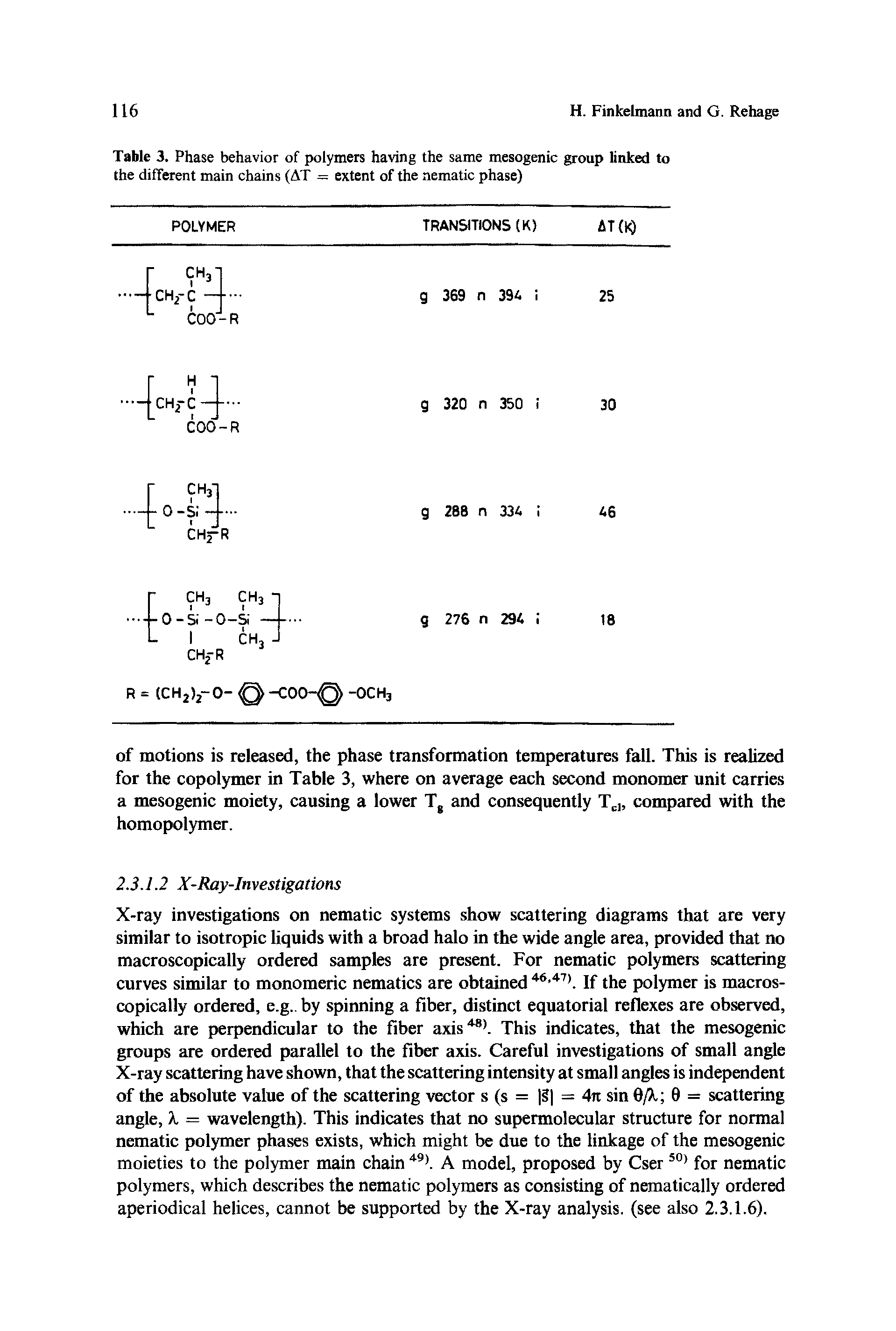 Table 3. Phase behavior of polymers having the same mesogenic group linked to the different main chains (AT = extent of the nematic phase)...