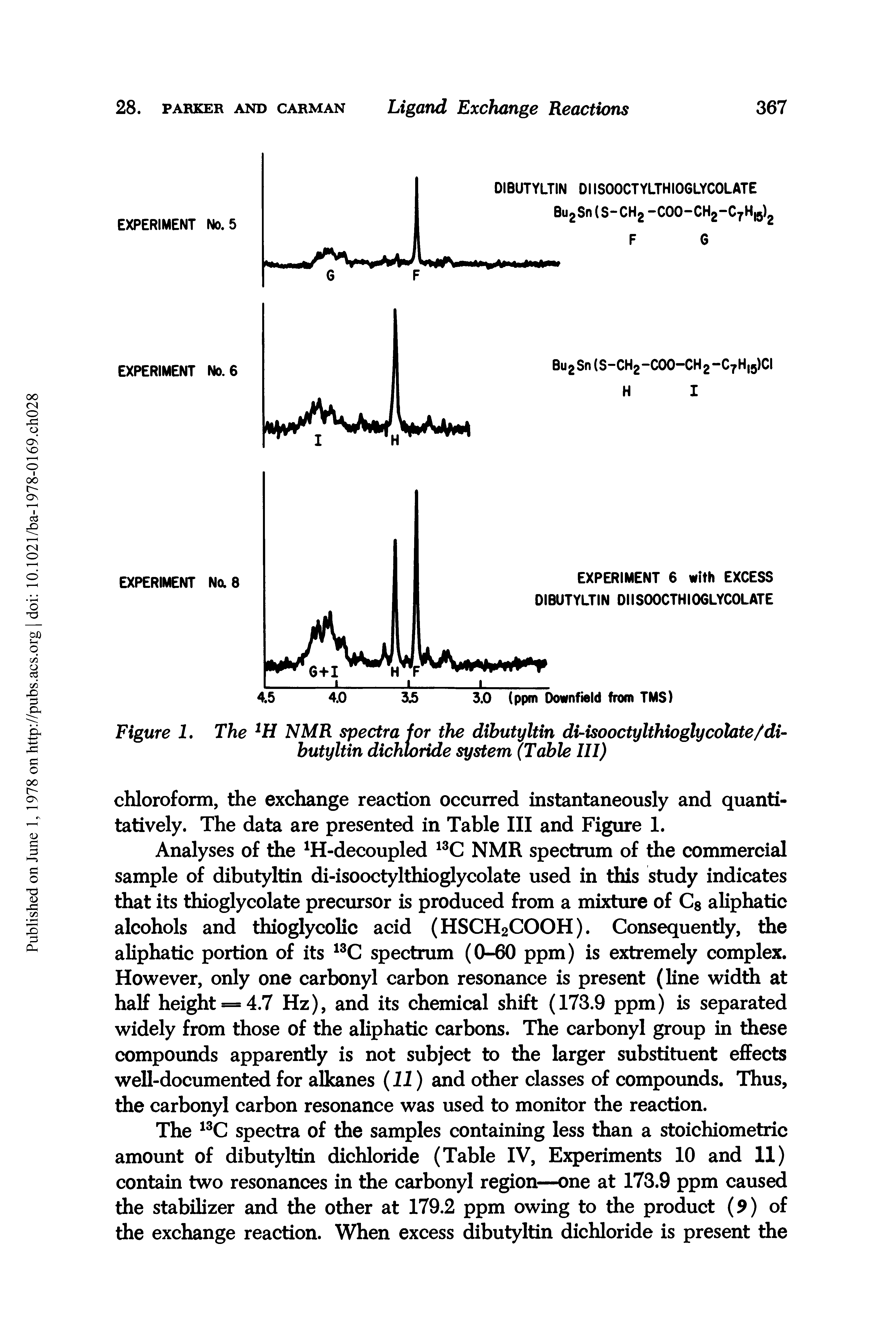 Figure I. The 1H NMR spectra for the dibutyltin di-isooctylthioglycolate/di-butyltin dichloride system (Table III)...