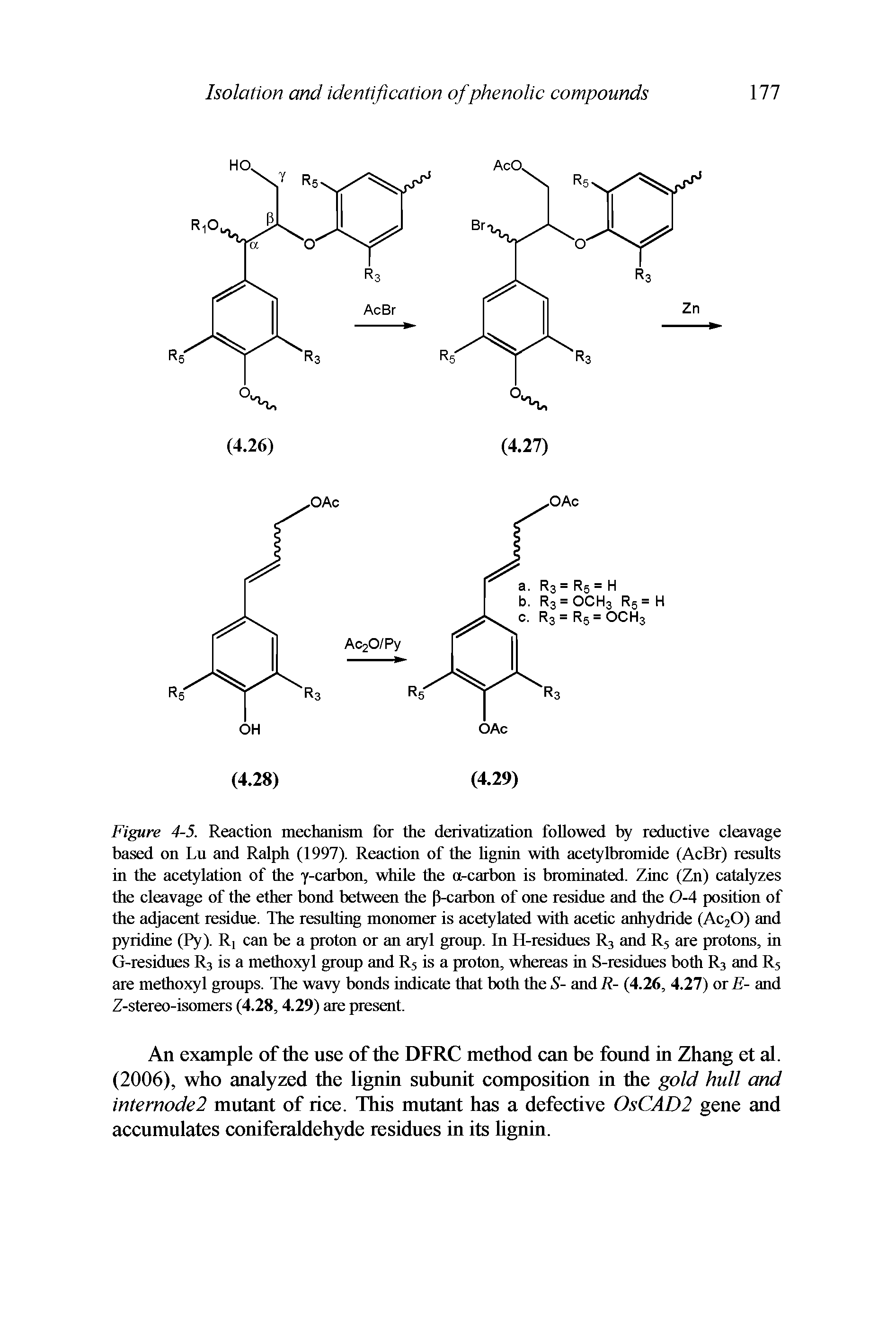Figure 4-5. Reaction mechanism for the derivatization followed by reductive cleavage based on Lu and Ralph (1997). Reaction of the lignin with acetylbromide (AcBr) results in the acetylation of the y-carbon, while the a-carbon is brominated. Zinc (Zn) catalyzes the cleavage of the ether bond between the P-carbon of one residue and the 0-4 position of the adjacent residue. The resulting monomer is acetylated with acetic anhydride (Ac20) and pyridine (Py). R can be a proton or an aryl group. In H-residues R3 and R5 are protons, in G-residues R3 is a methoxyl group and R5 is a proton, whereas in S-residues both R3 and R5 are methoxyl groups. The wavy bonds indicate that both the S- and R- (4.26, 4.27) or E- and Z-stereo-isomers (4.28, 4.29) are present.