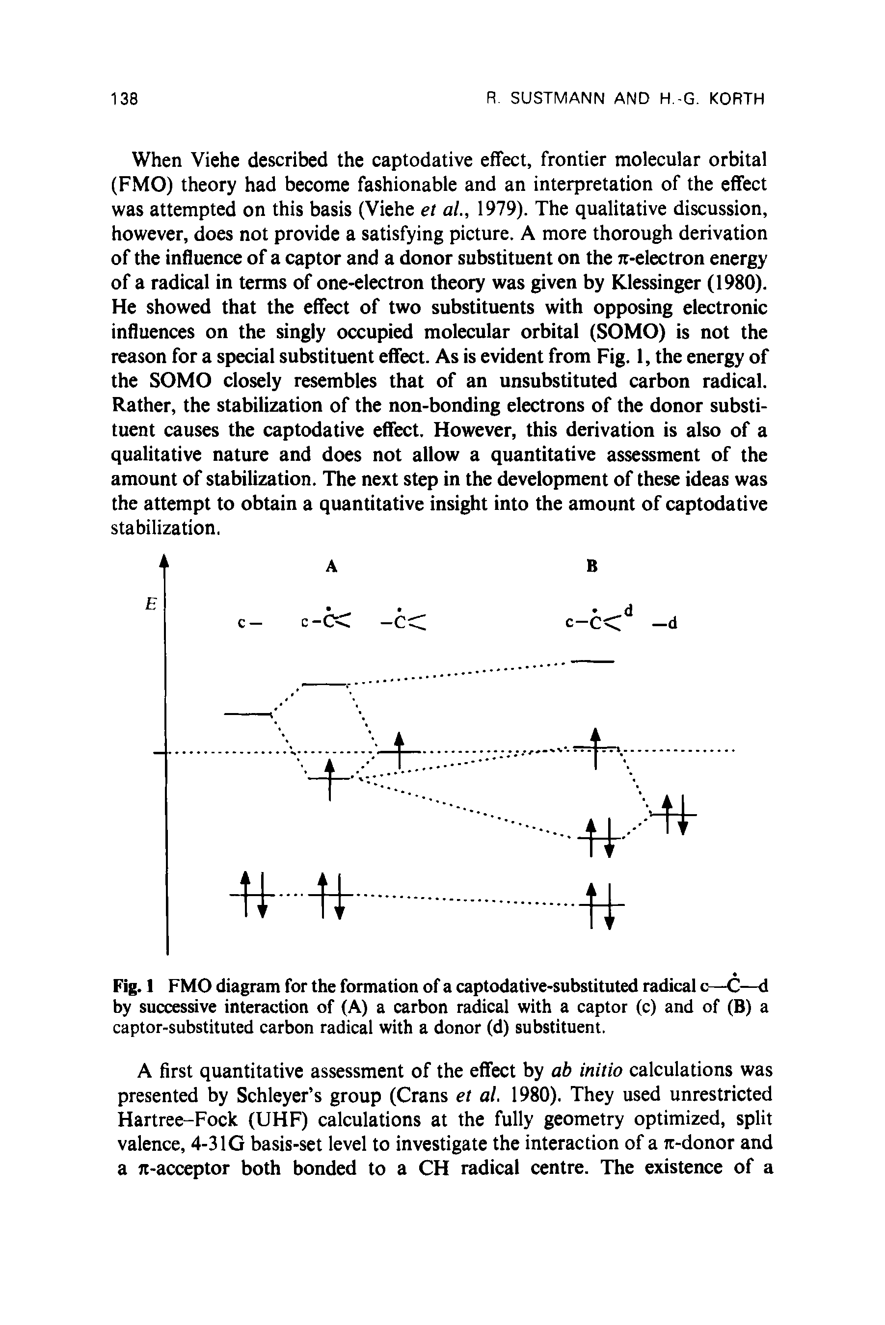 Fig. 1 FMO diagram for the formation of a captodative-substituted radical c—C—d by successive interaction of (A) a carbon radical with a captor (c) and of (B) a captor-substituted carbon radical with a donor (d) substituent.