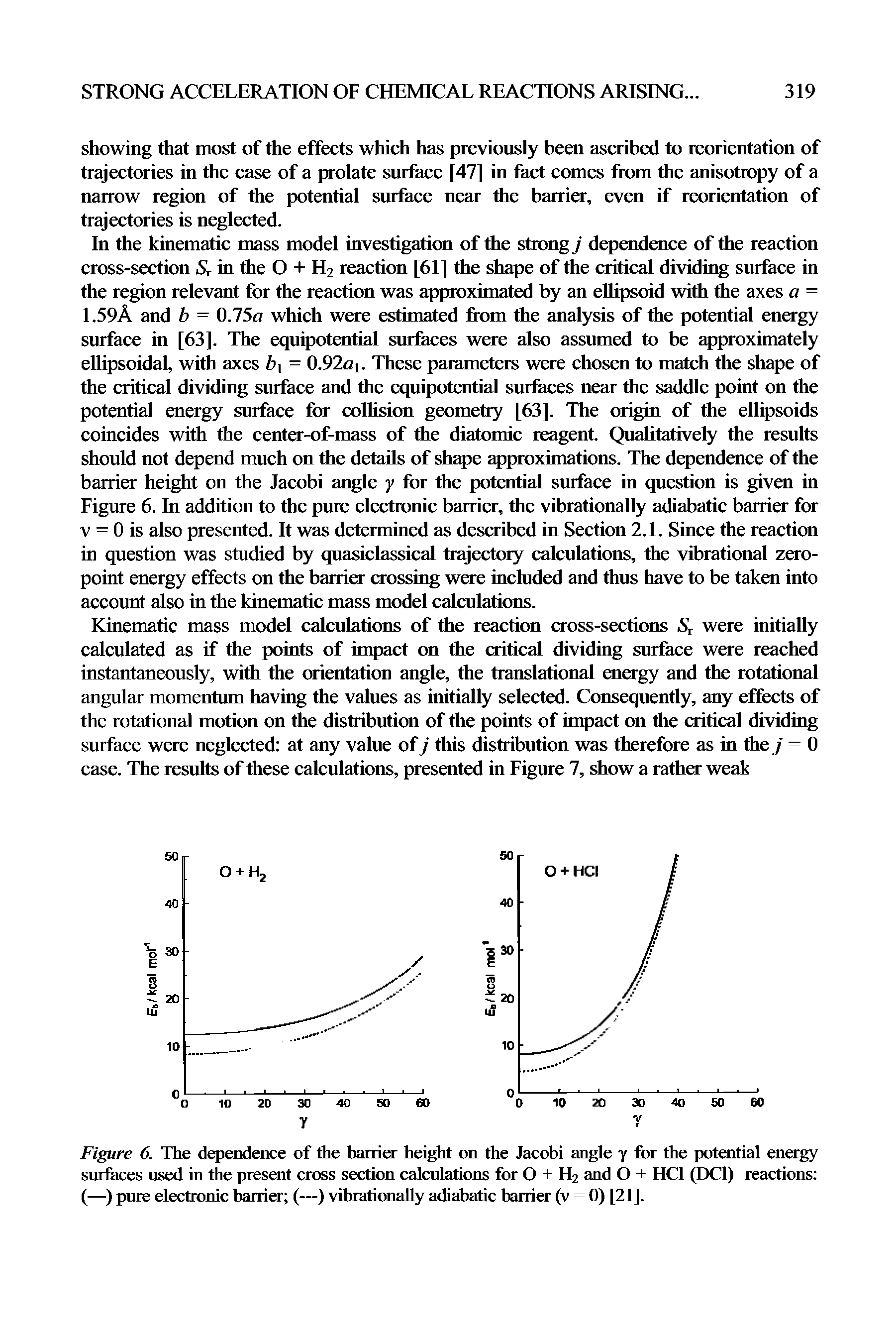 Figure 6. The dependence of the harrier height on the Jacobi angle y for the potential energy surfaces used in the present cross section calculations for O + H2 and O + HCl (DCl) reactions (—) pure electronic barrier (—) vibrationally adiabatic barrier (v = 0) [21].