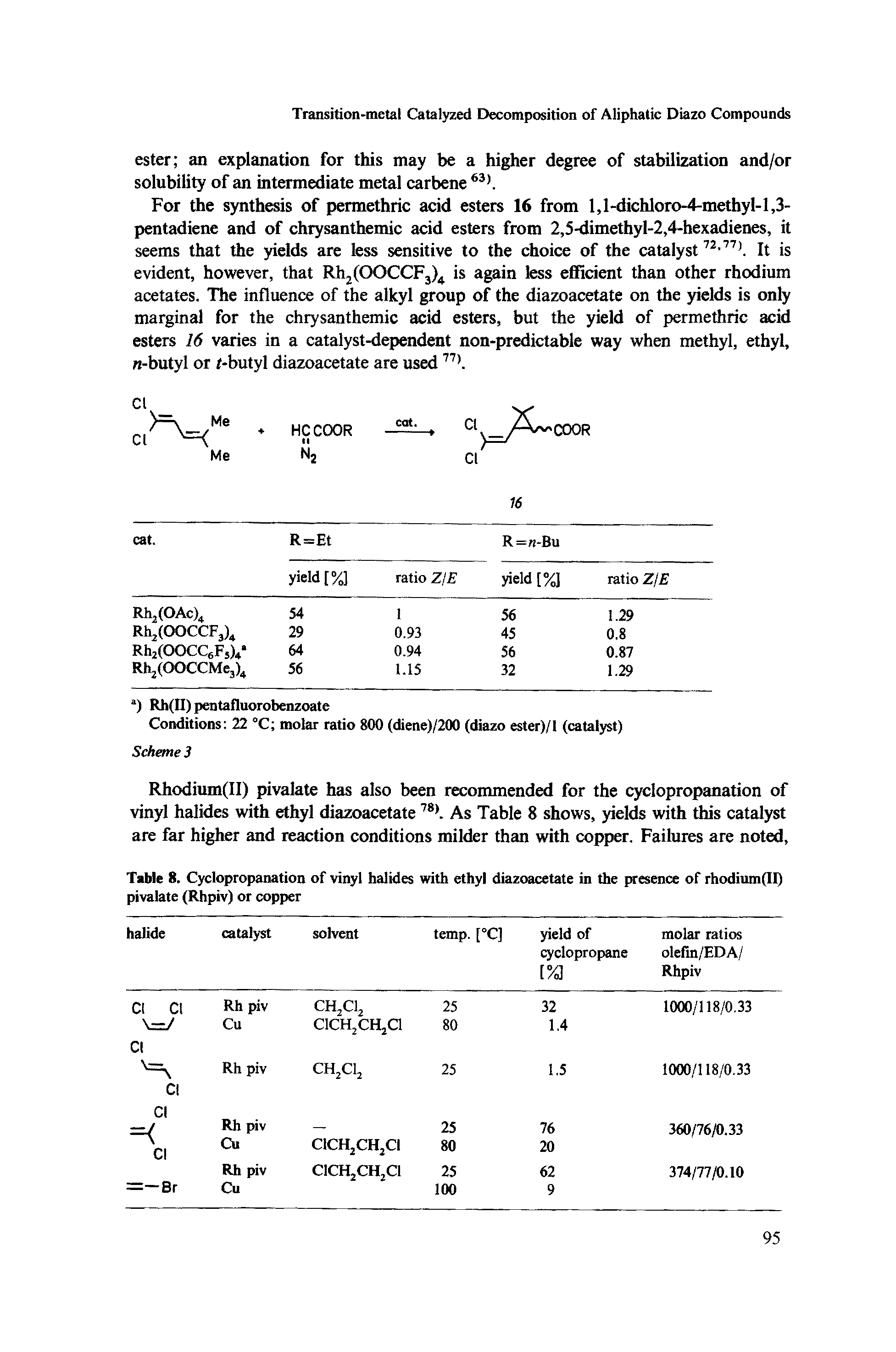 Table 8. Cyclopropanation of vinyl halides with ethyl diazoacetate in the presence of rhodium(Il) pivalate (Rhpiv) or copper...