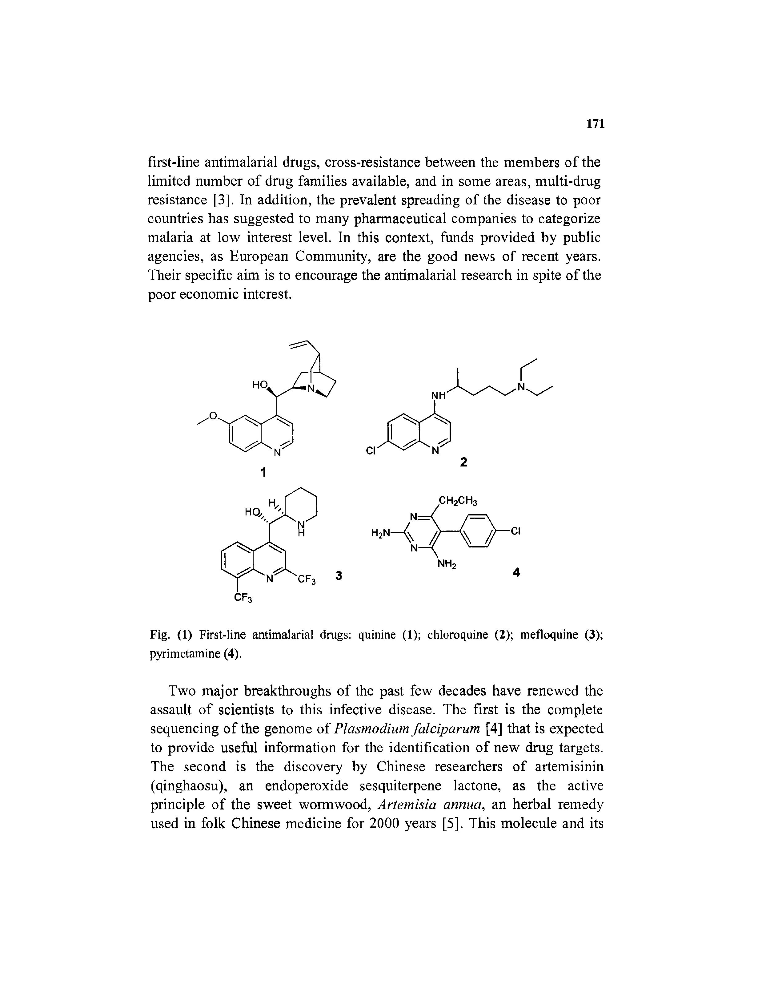Fig. (1) First-line antimalarial drugs quinine (1) chloroquine (2) mefloquine (3) pyrimetamine (4).