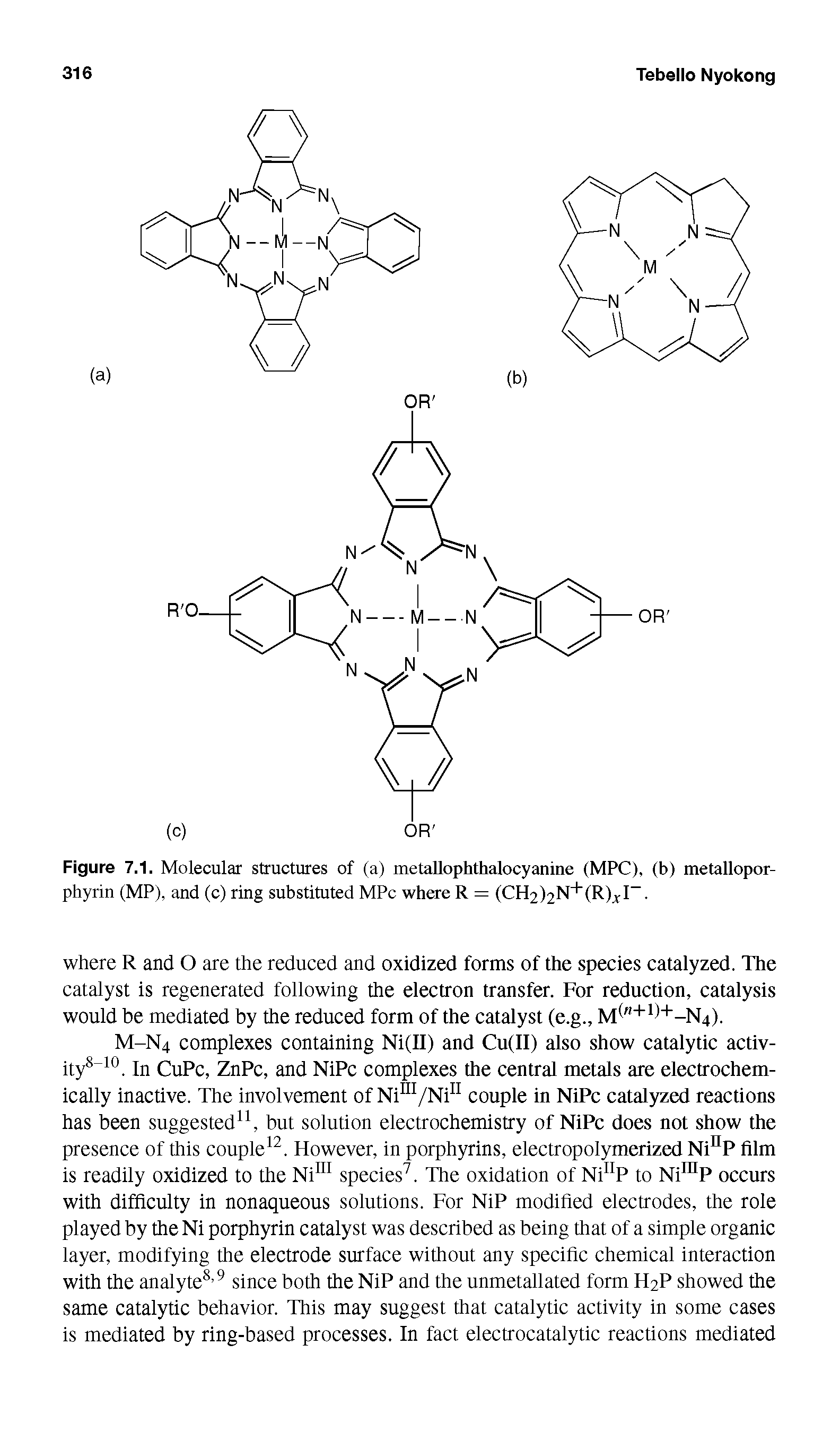 Figure 7.1. Molecular structures of (a) metallophthalocyanine (MPC), (b) metallopor-phyrin (MP), and (c) ring substituted MPc where R = (CH2)2N b(R)xI -...