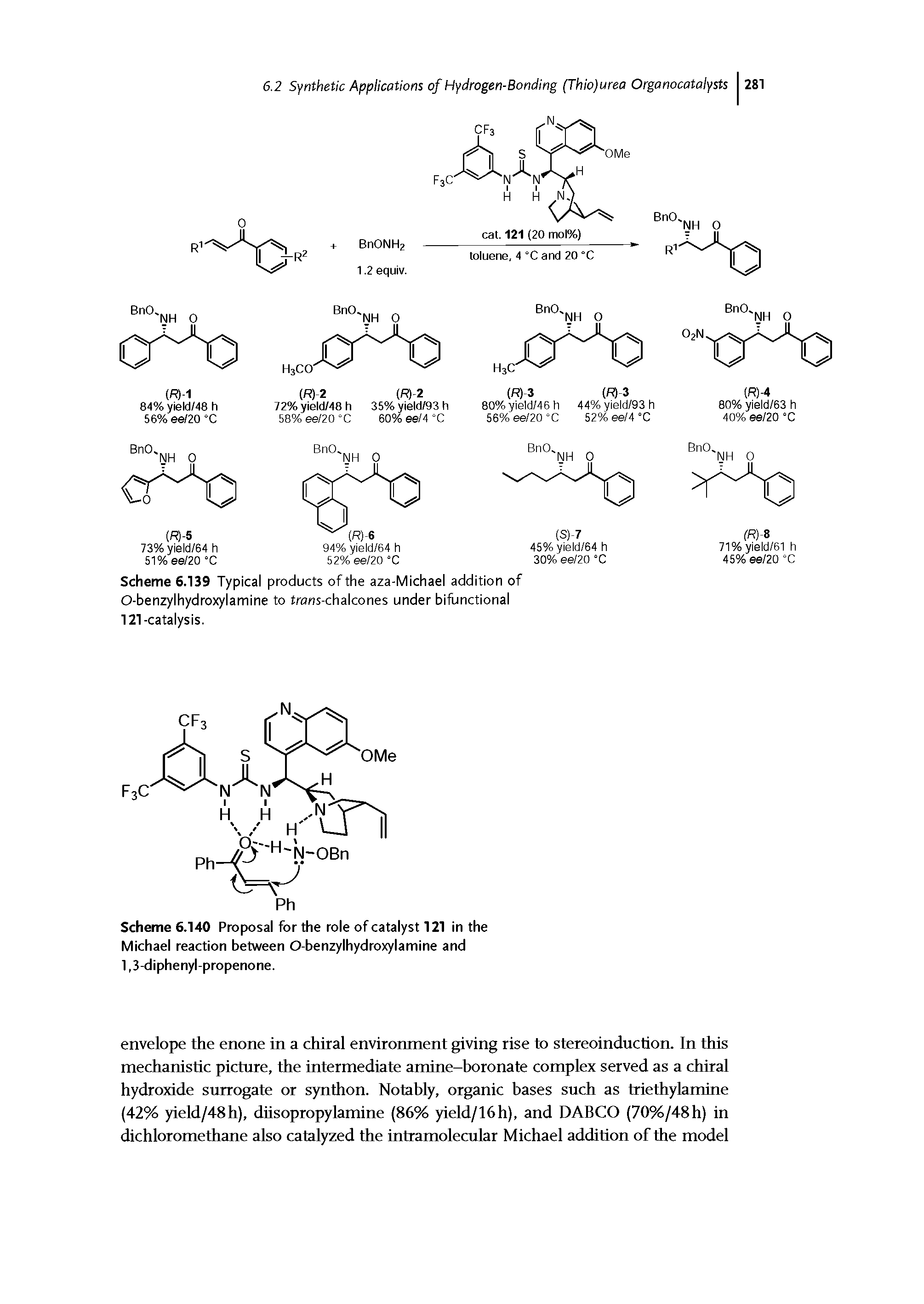 Scheme 6.140 Proposal for the role of catalyst 121 in the Michael reaction between O-benzylhydroxylamine and 1,3-diphenyl-propenone.