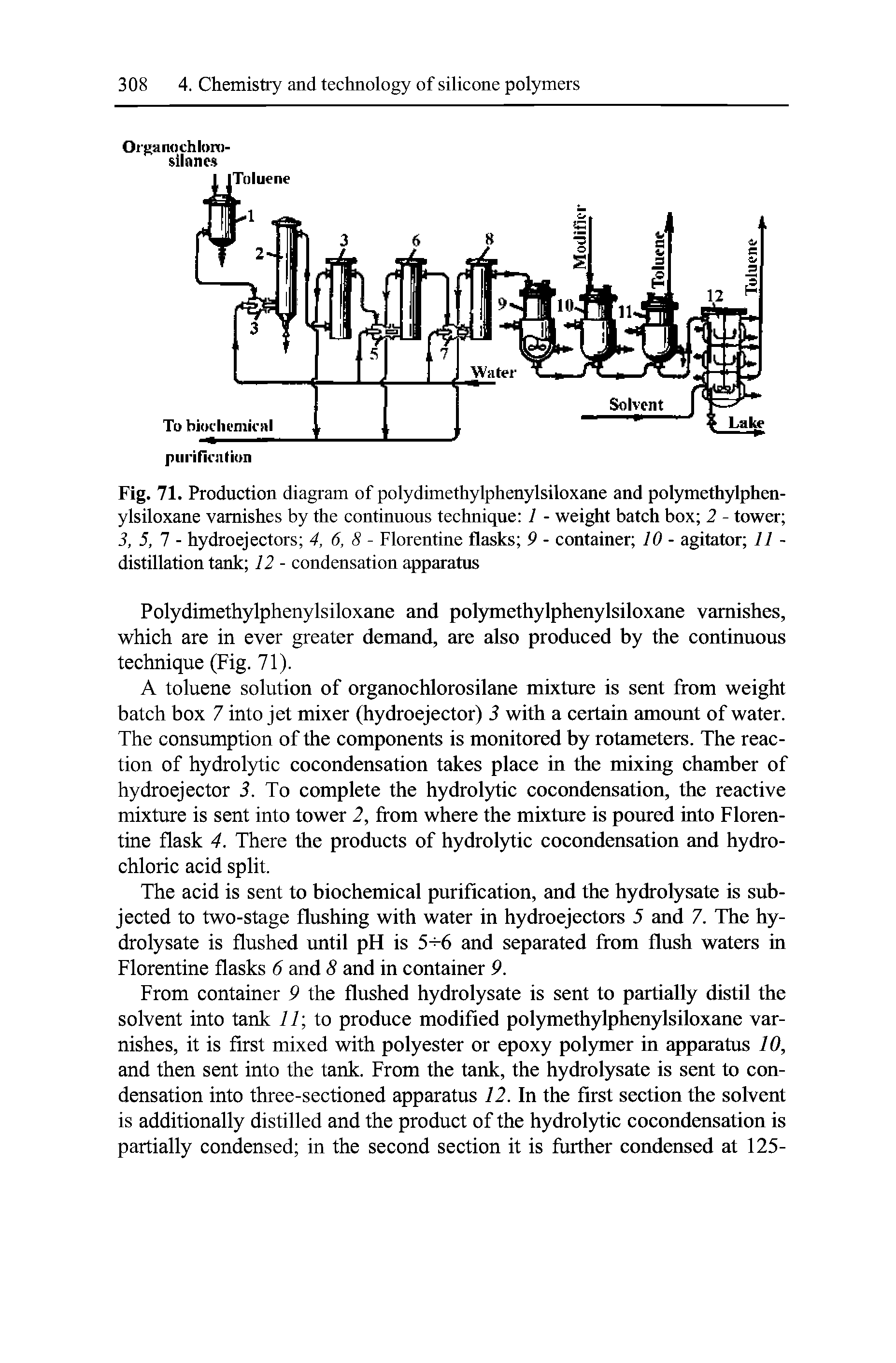 Fig. 71. Production diagram of polydimethylphenylsiloxane and polymethylphen-ylsiloxane varnishes by the continuous technique 1 - weight batch box 2 - tower 3, 5,1 - hydro ejectors 4, 6, 8 - Florentine flasks 9 - container 10 - agitator 11 -distillation tank 12 - condensation apparatus...