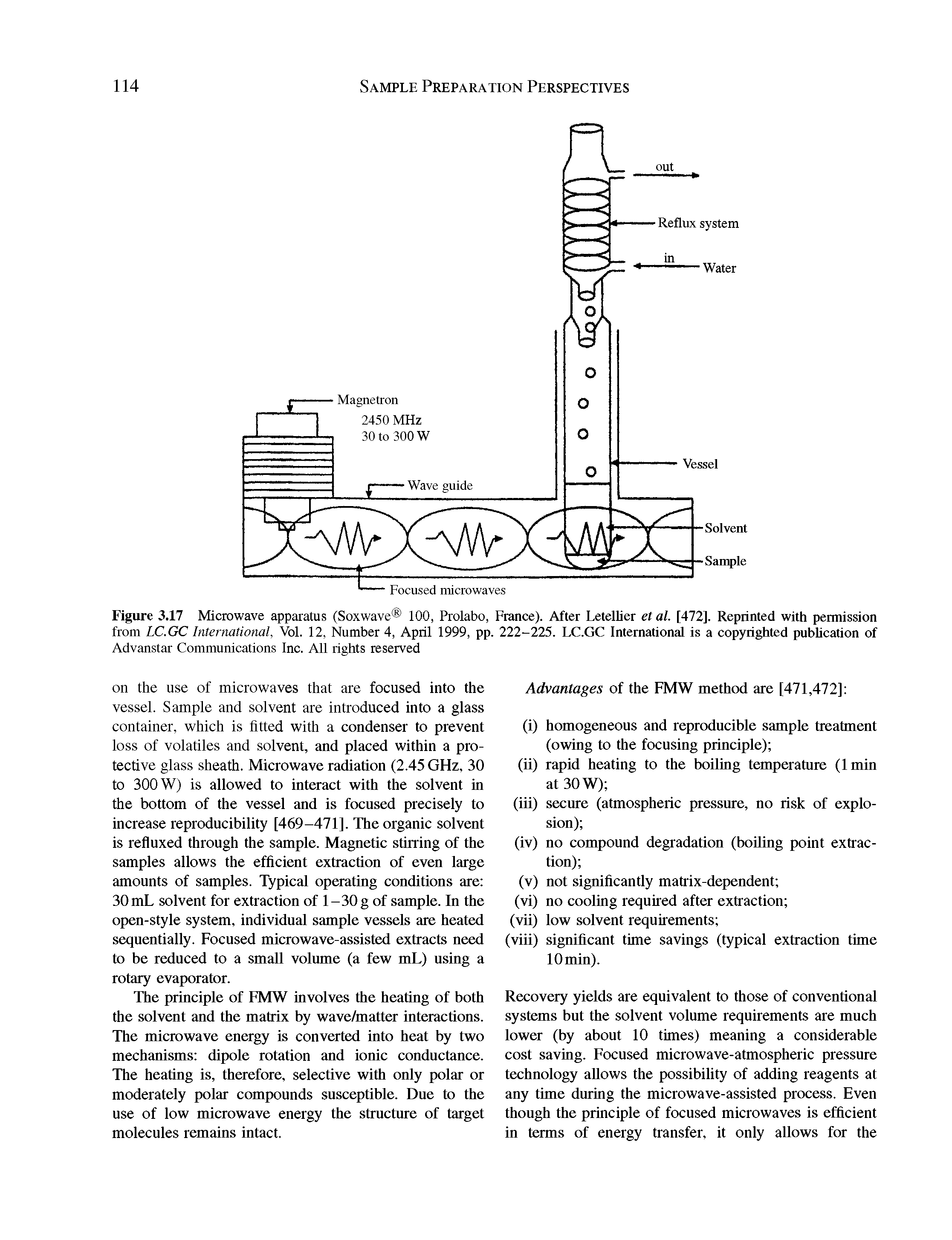 Figure 3.17 Microwave apparatus (Soxwave 100, Prolabo, France). After Letellier etal. [472]. Reprinted with permission from LC.GC International, Vol. 12, Number 4, April 1999, pp. 222-225. LC.GC International is a copyrighted publication of...