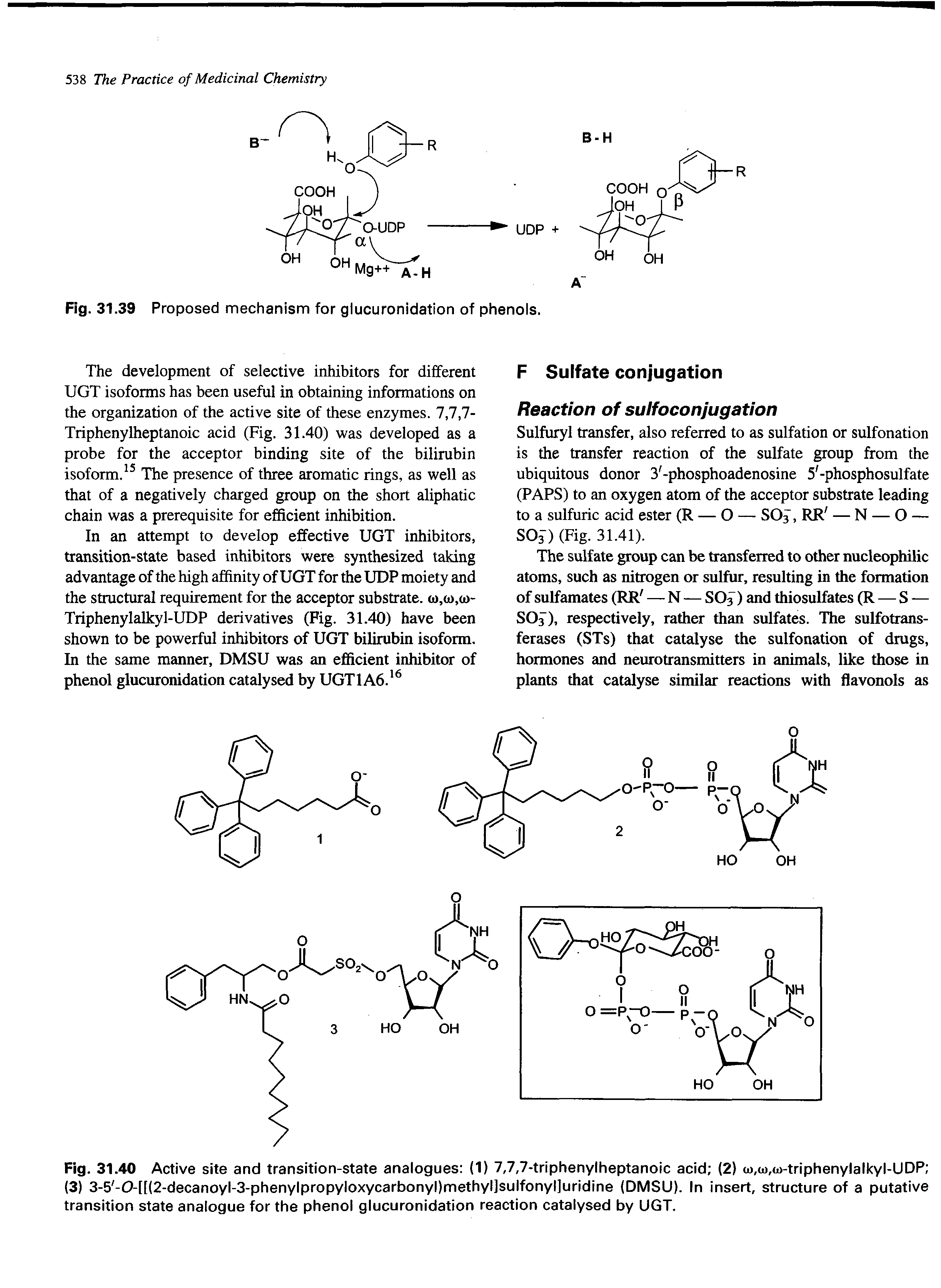 Fig. 31.40 Active site and transition-state analogues (1) 7,7,7-triphenylheptanoic acid (2) w,(i),<i>-triphenylalkyl-UDP (3) 3-5 -0-[[(2-decanoyl-3-phenylpropyloxycarbonyl)methyl]sulfonyl]uridine (DMSU). In insert, structure of a putative transition state analogue for the phenol glucuronidation reaction catalysed by UGT.