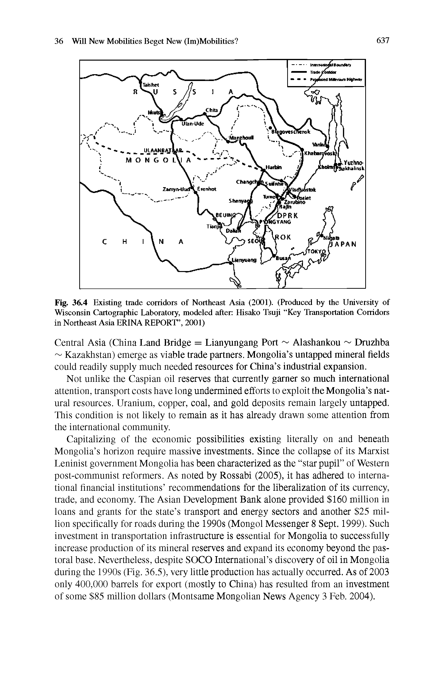 Fig. 36.4 Existing trade corridors of Northeast Asia (2001). (Produced by the University of Wisconsin Cartographic Laboratory, modeled after Hisako Tsuji Key Transportation Corridors in Northeast Asia ERINA REPORT , 2(X)1)...
