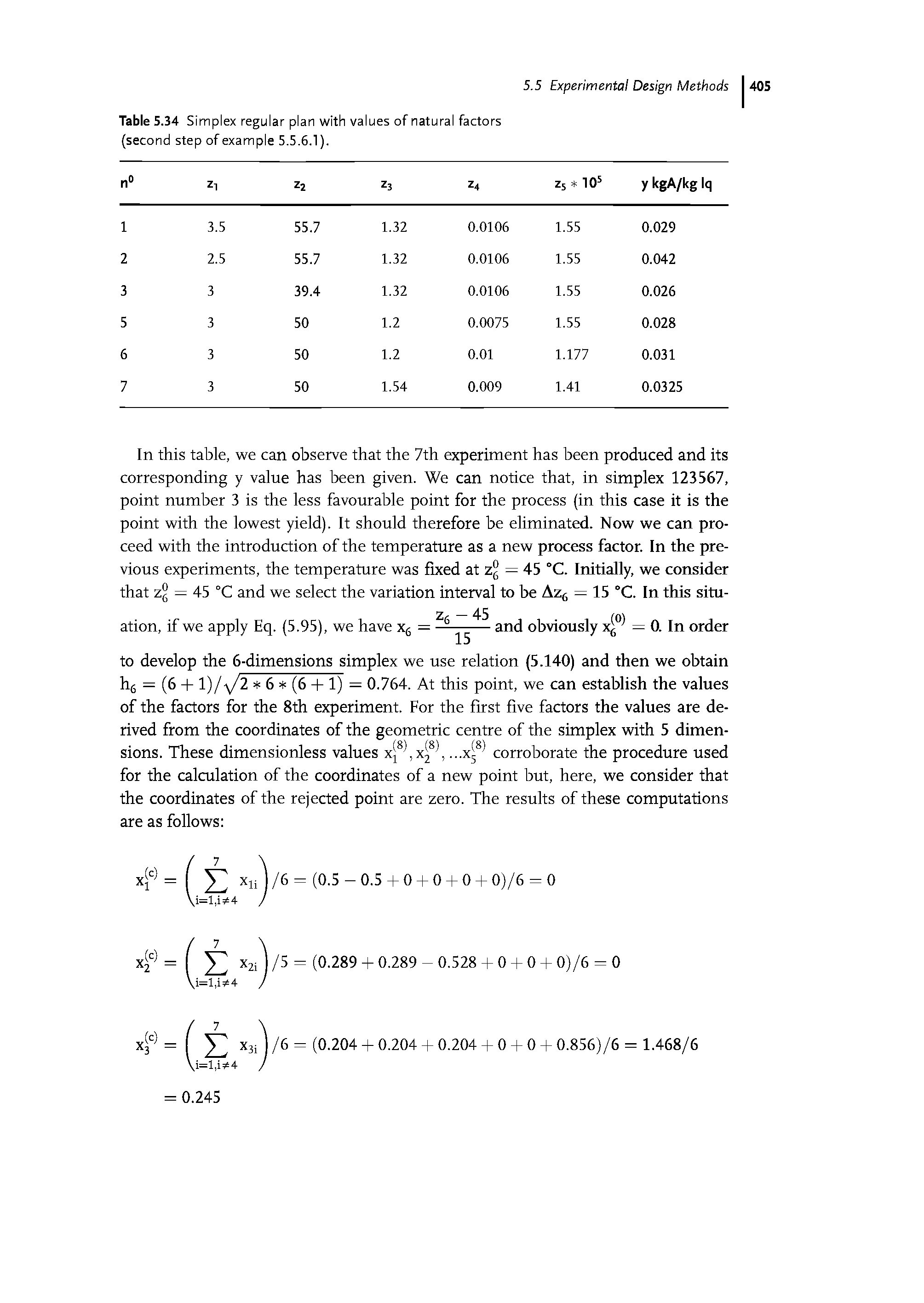 Table 5.34 Simplex regular plan with values of natural factors (second step of example 5.5.6.1).