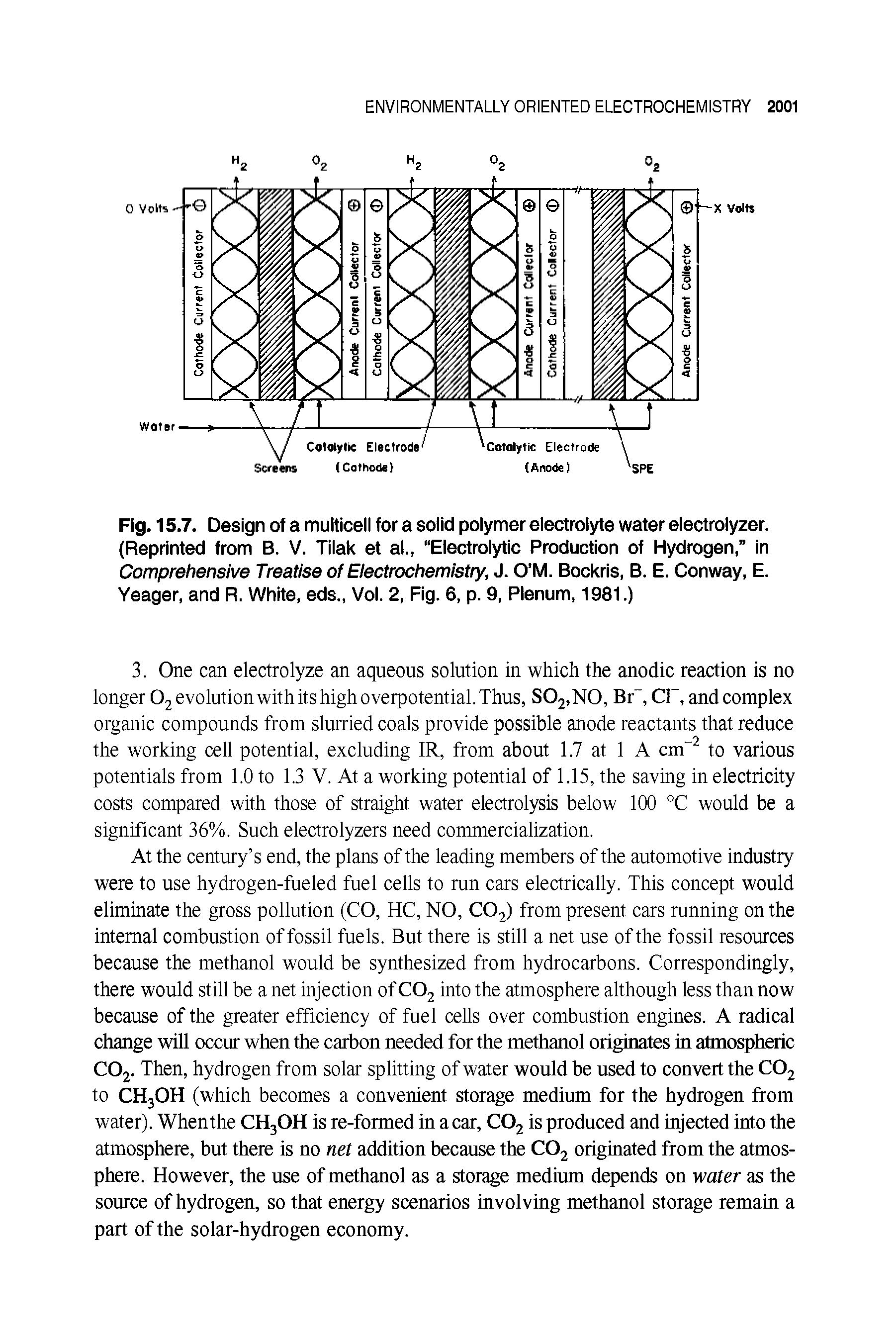 Fig. 15.7. Design of a multicell for a solid polymer electrolyte water electrolyzer. (Reprinted from B. V. Tilak et al., Electrolytic Production of Hydrogen, in Comprehensive Treatise of Electrochemistry, J. O M. Bockris, B. E. Conway, E. Yeager, and R. White, eds., Vol. 2, Fig. 6, p. 9, Plenum, 1981.)...