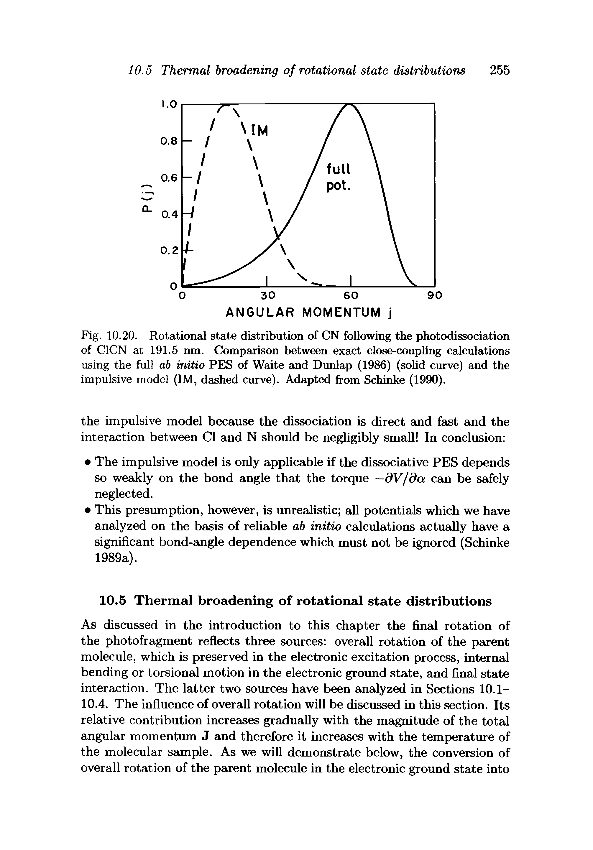 Fig. 10.20. Rotational state distribution of CN following the photodissociation of C1CN at 191.5 nm. Comparison between exact close-coupling calculations using the full ab initio PES of Waite and Dunlap (1986) (solid curve) and the impulsive model (IM, dashed curve). Adapted from Schinke (1990).