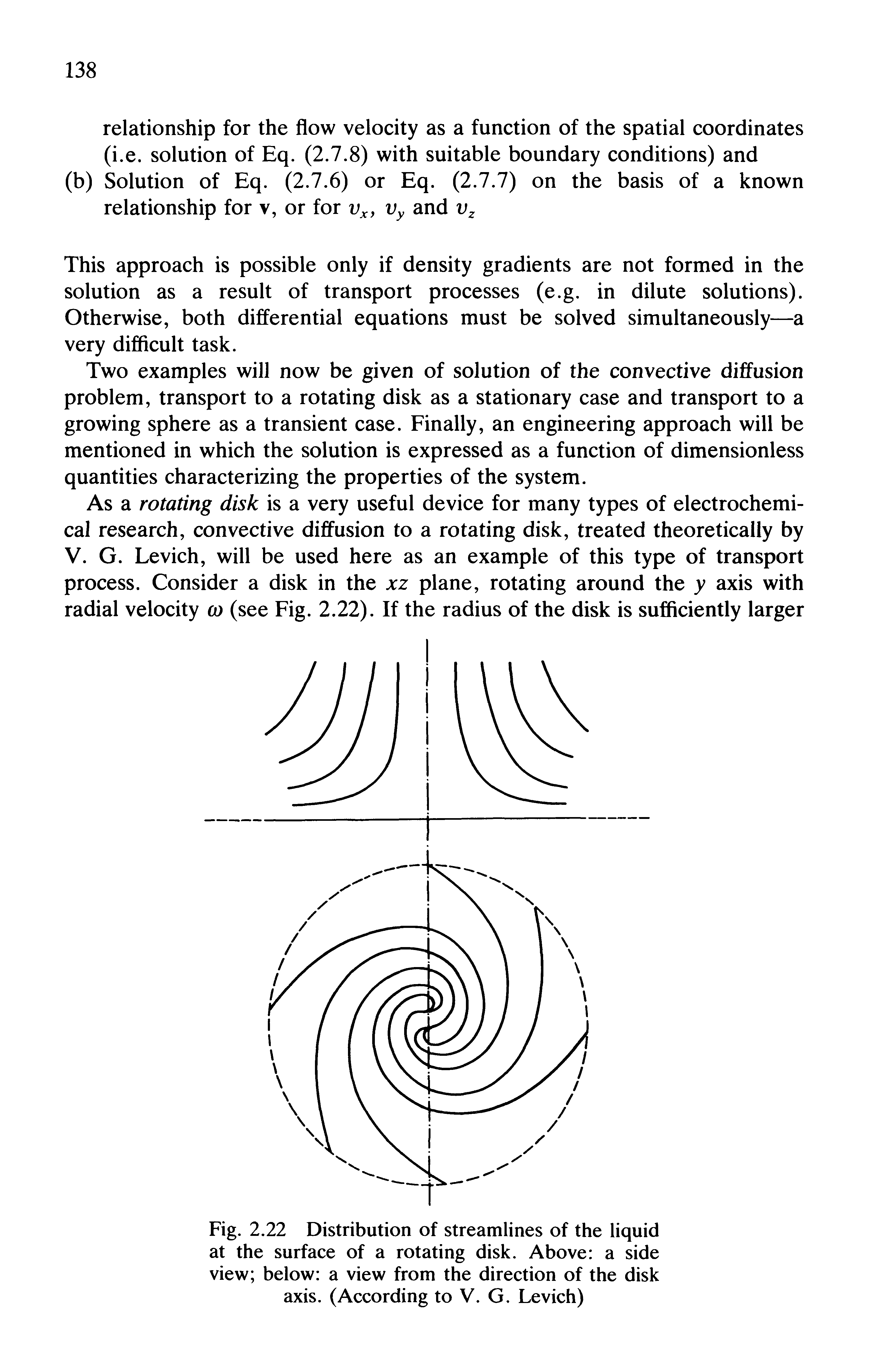 Fig. 2.22 Distribution of streamlines of the liquid at the surface of a rotating disk. Above a side view below a view from the direction of the disk axis. (According to V. G. Levich)...