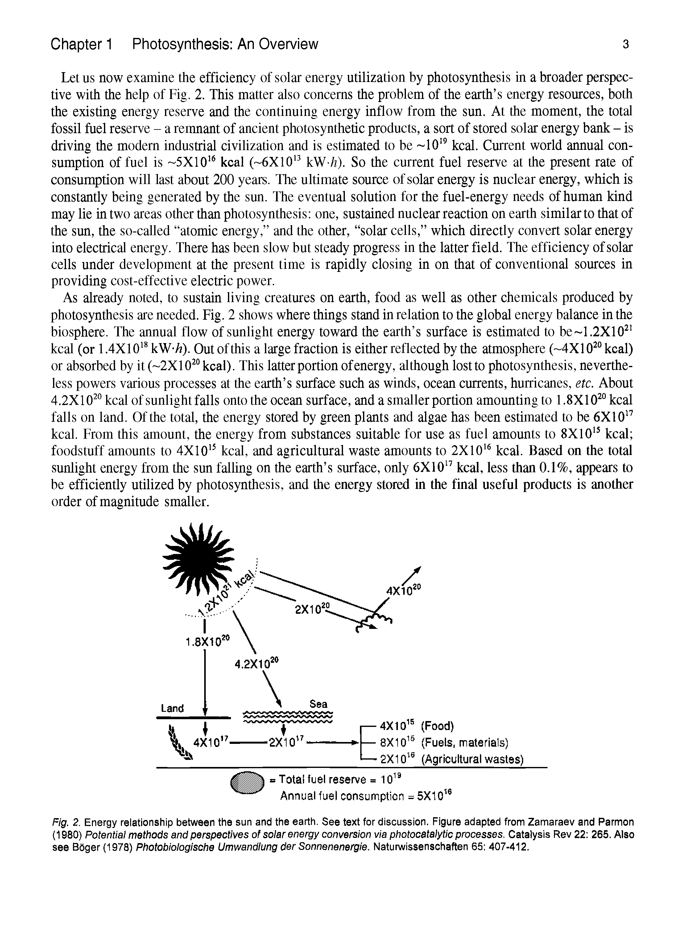 Fig. 2. Energy relationship between the sun and the earth. See text for discussion. Figure adapted from Zamaraev and Parmon (1980) Potential methods and perspectives of solar energy conversion via photocatalytic processes. Catalysis Rev 22 265. Also see BOger (1978) Photobiologische Umwandlung der Sonnenenergie. Naturwissenschaften 65 407-412.