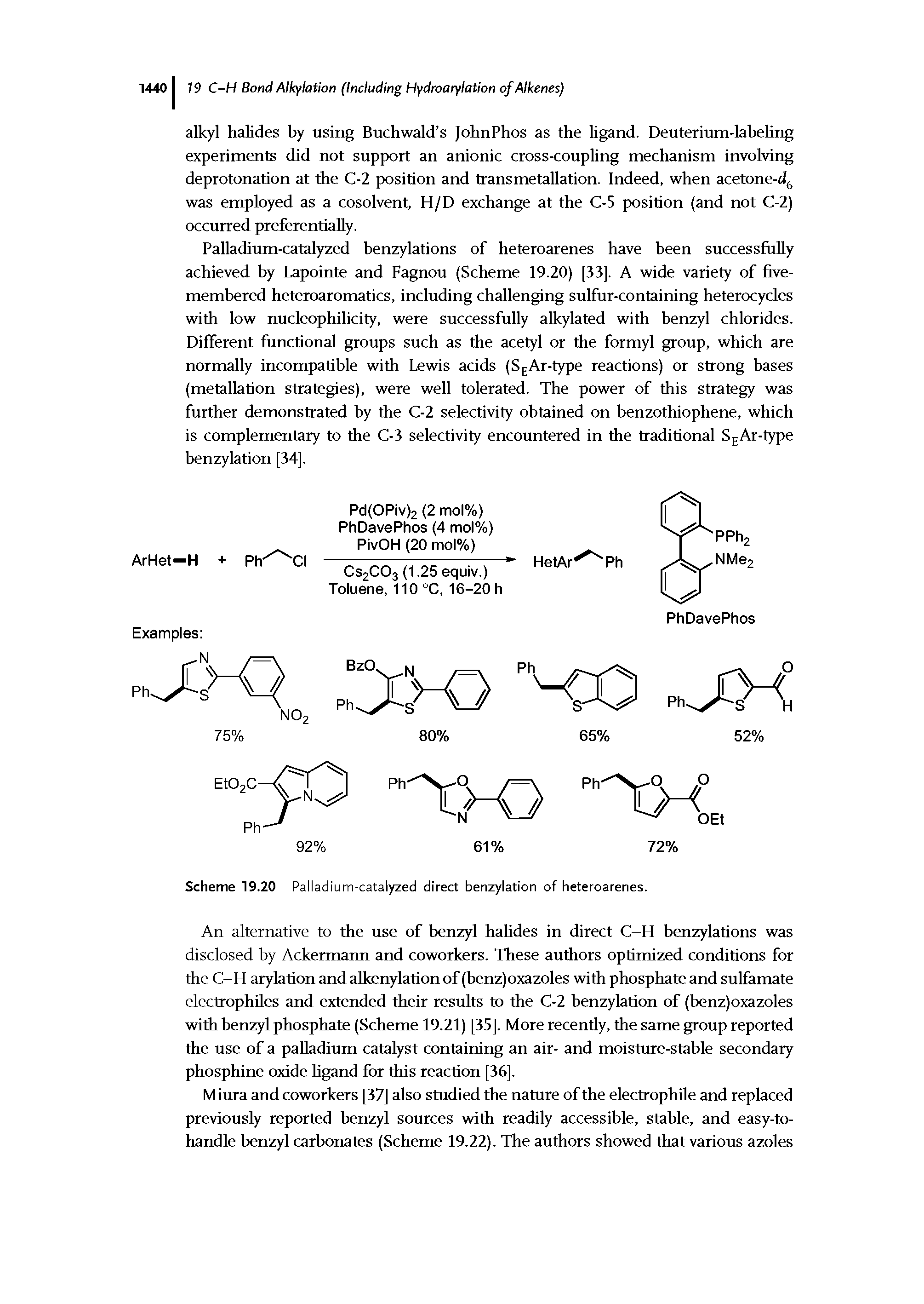 Scheme 19.20 Palladium-catalyzed direct benzylation of heteroarenes.