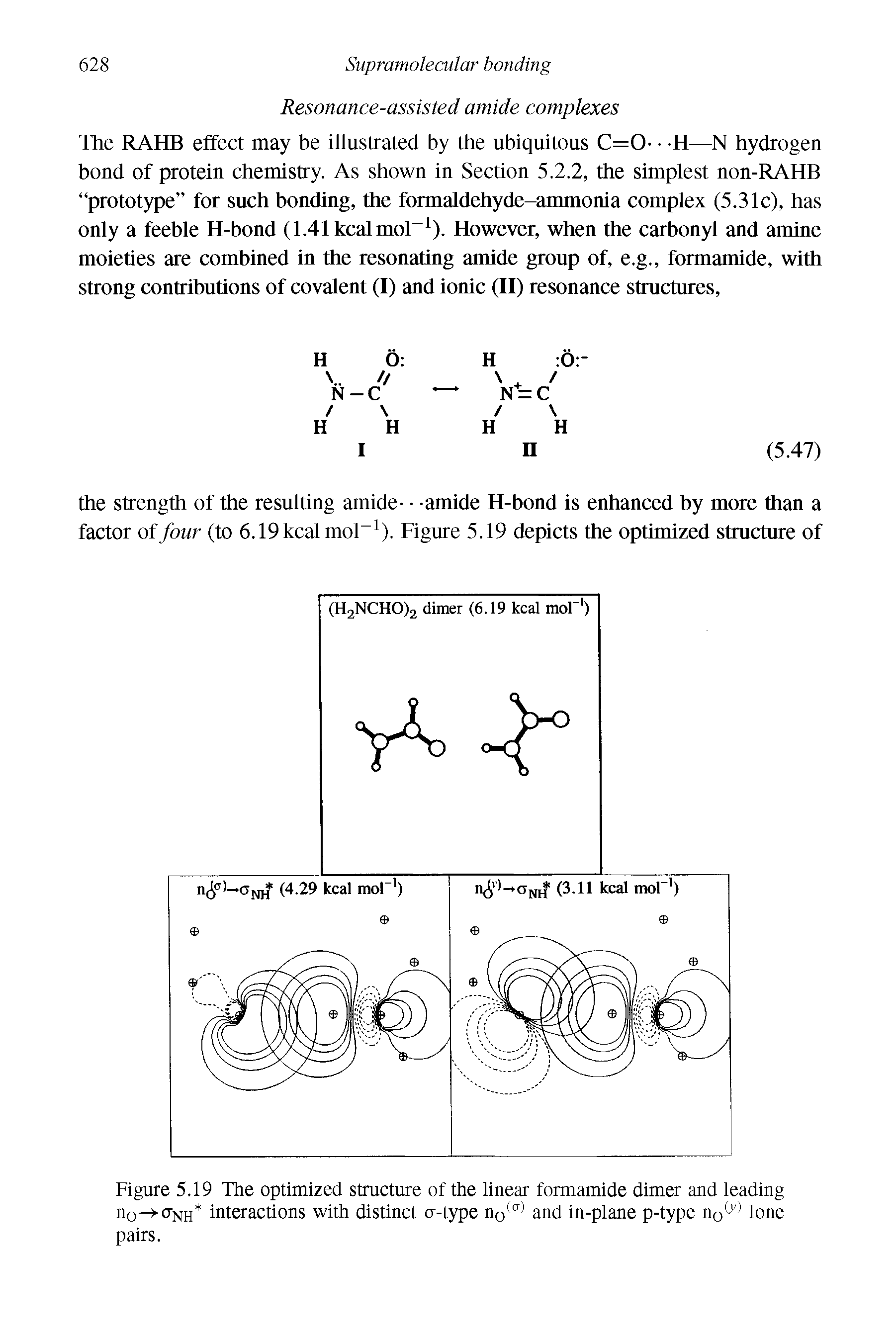 Figure 5.19 The optimized structure of the linear formamide dimer and leading n0->-cTNH+ interactions with distinct c-type n0(a) and in-plane p-type no1 lone pairs.