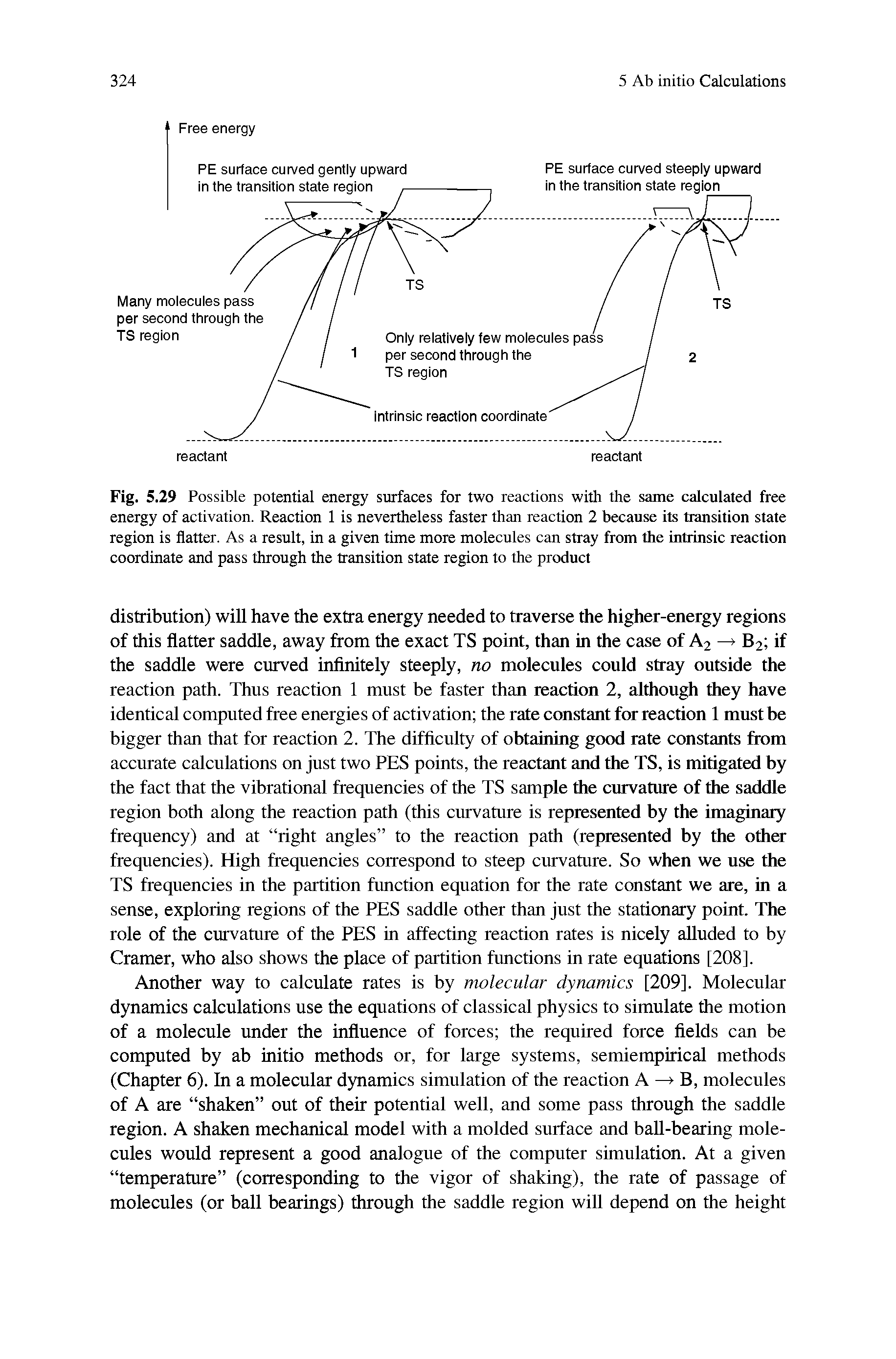 Fig. 5.29 Possible potential energy surfaces for two reactions with the same calculated free energy of activation. Reaction 1 is nevertheless faster than reaction 2 because its transition state region is flatter. As a result, in a given time more molecules can stray from the intrinsic reaction coordinate and pass through the transition state region to the product...