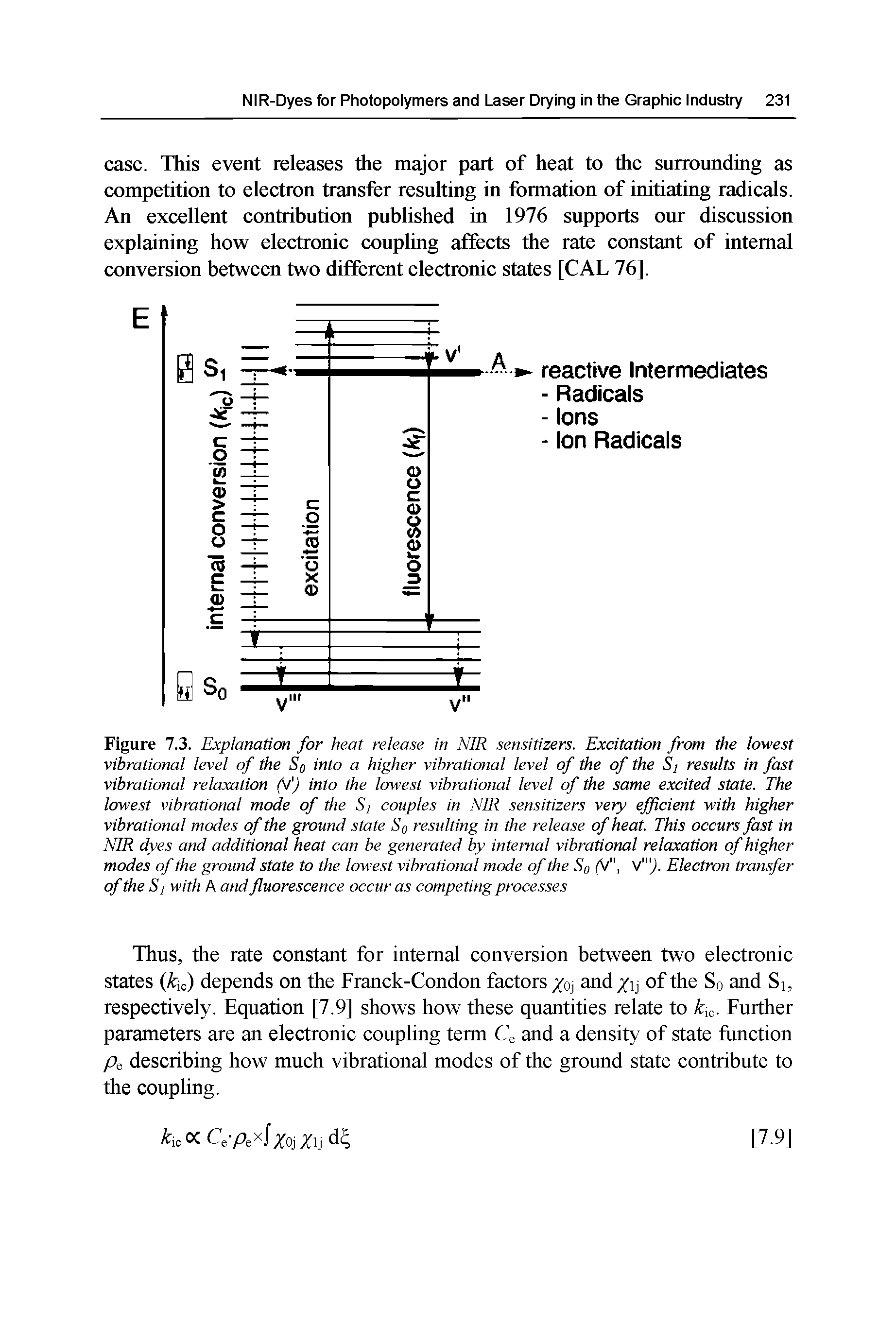 Figure 7.3. Explanation for heat release in NIR sensitizers. Excitation from the lowest vibrational level of the So into a higher vibrational level of the of the Si results in fast vibrational relaxation (VJ into the lowest vibrational level of the same excited state. The lowest vibrational mode of the Si couples in NIR sensitizers very efficient with higher vibrational modes of the ground state So resulting in the release of heat. This occurs fast in NIR dyes and additional heat can be generated by internal vibrational relaxation of higher modes of the ground state to the lowest vibrational mode of the Sg (V"i v". Electron transfer of the Si with A and fluorescence occur as competing processes...