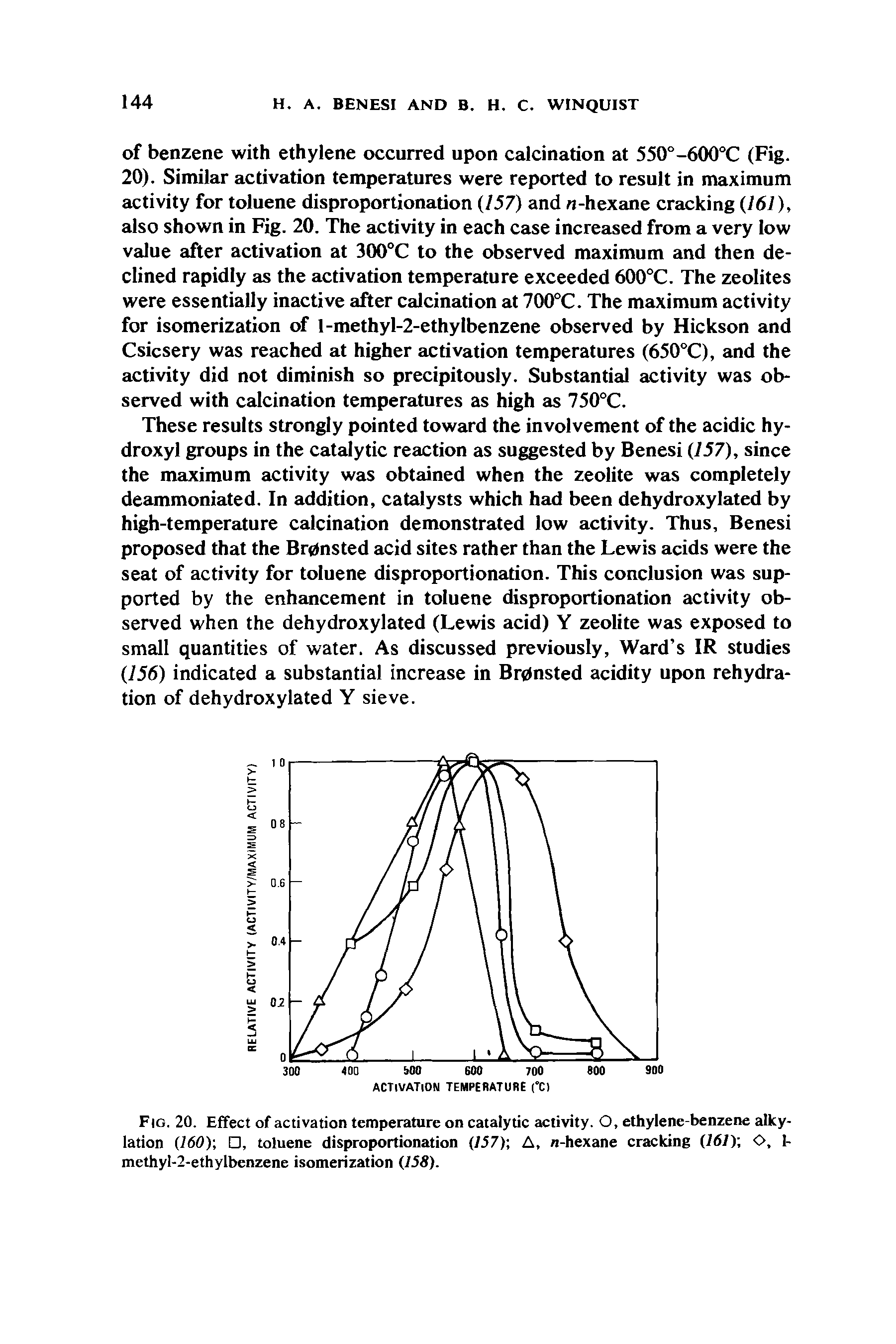 Fig. 20. Effect of activation temperature on catalytic activity. O, ethylene-benzene alkylation (160) , toluene disproportionation (157) A, n-hexane cracking (161) O, 1-methyl-2-ethylbenzene isomerization (158).