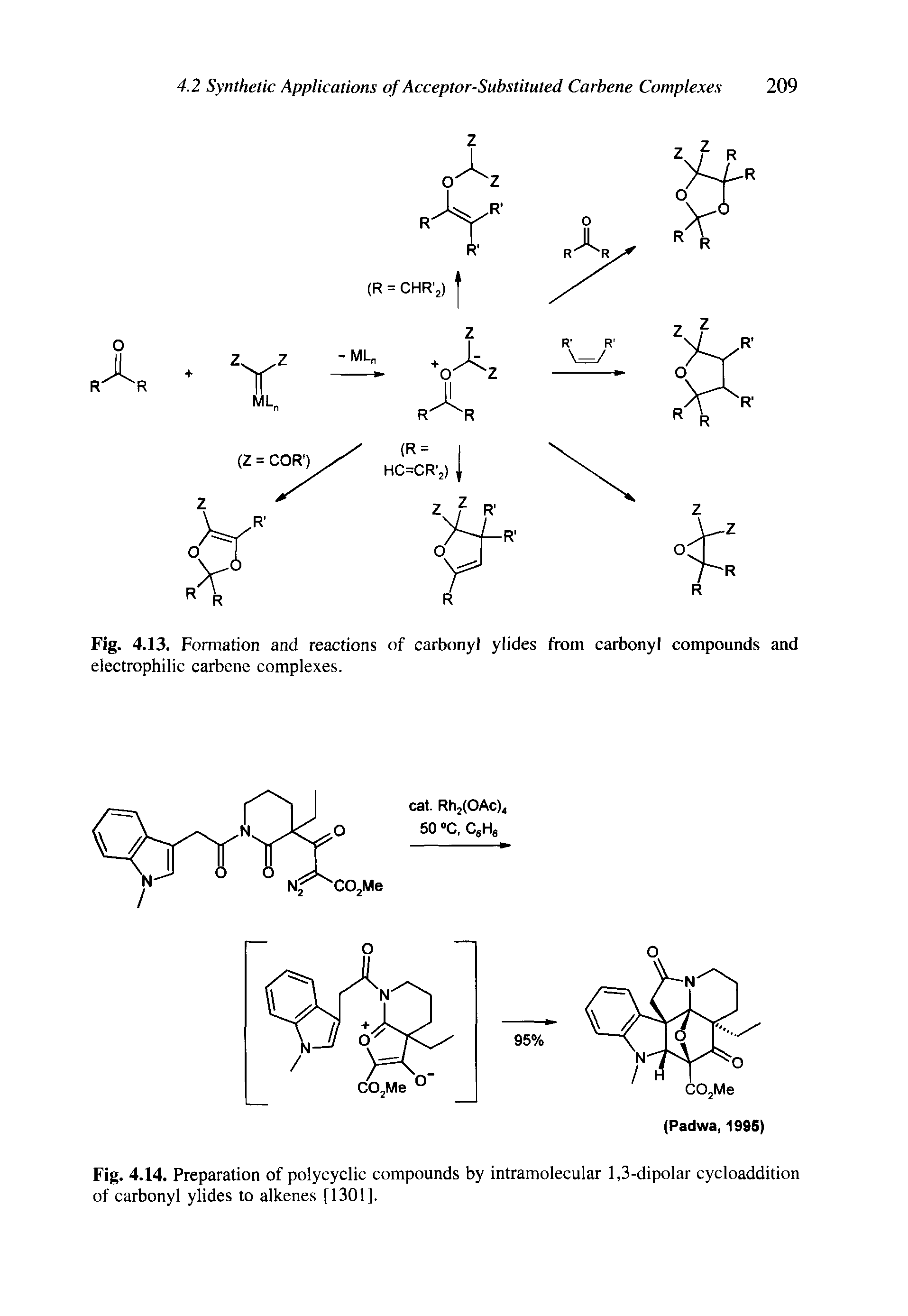 Fig. 4.13. Formation and reactions of carbonyl ylides from carbonyl compounds and electrophilic carbene complexes.