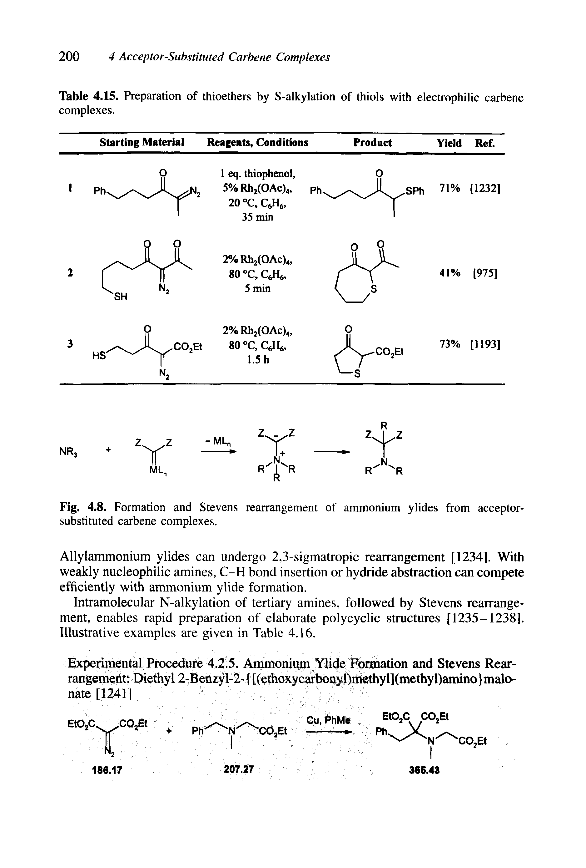 Fig. 4.8. Formation and Stevens rearrangement of ammonium ylides from acceptor-substituted carbene complexes.