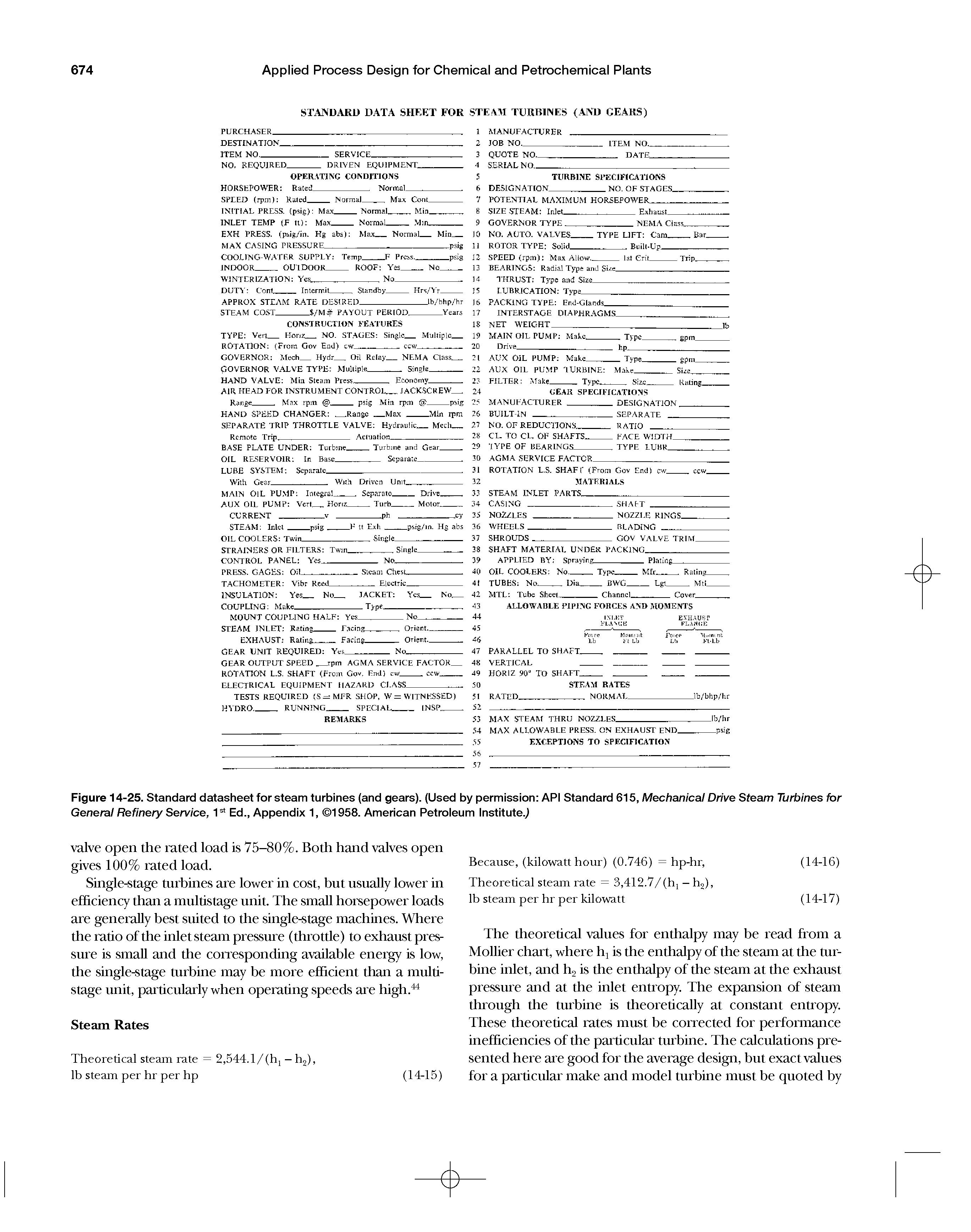 Figure 14-25. Standard datasheet for steam turbines (and gears). (Used by permission API Standard 615, Mechanical Drive Steam Turiiines for General Refinery Service, 1= Ed., Appendix 1, 1958. American Petroleum Institute.)...