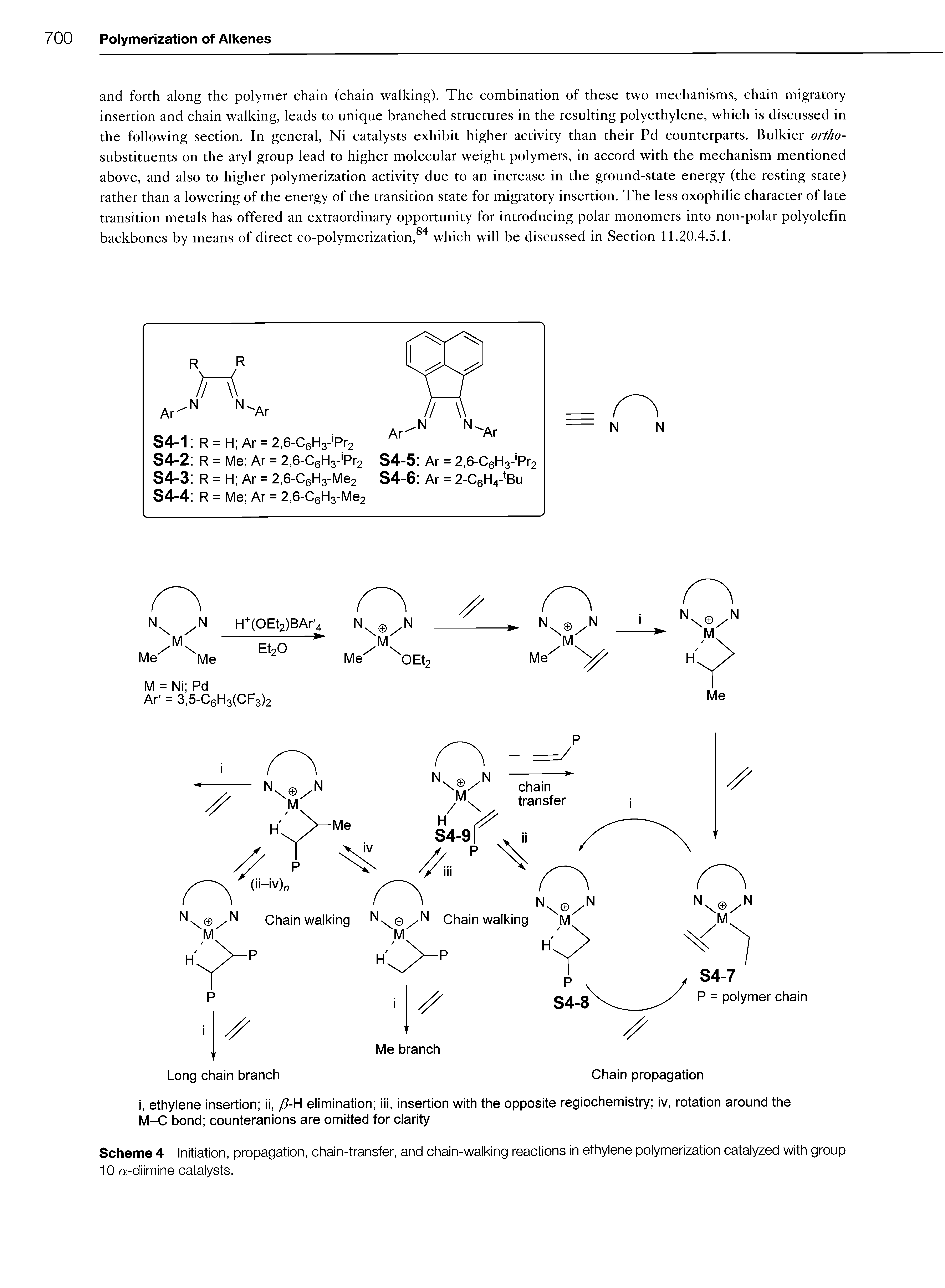 Scheme 4 Initiation, propagation, chain-transfer, and chain-walking reactions in ethylene polymerization catalyzed with group 10 a-diimine catalysts.