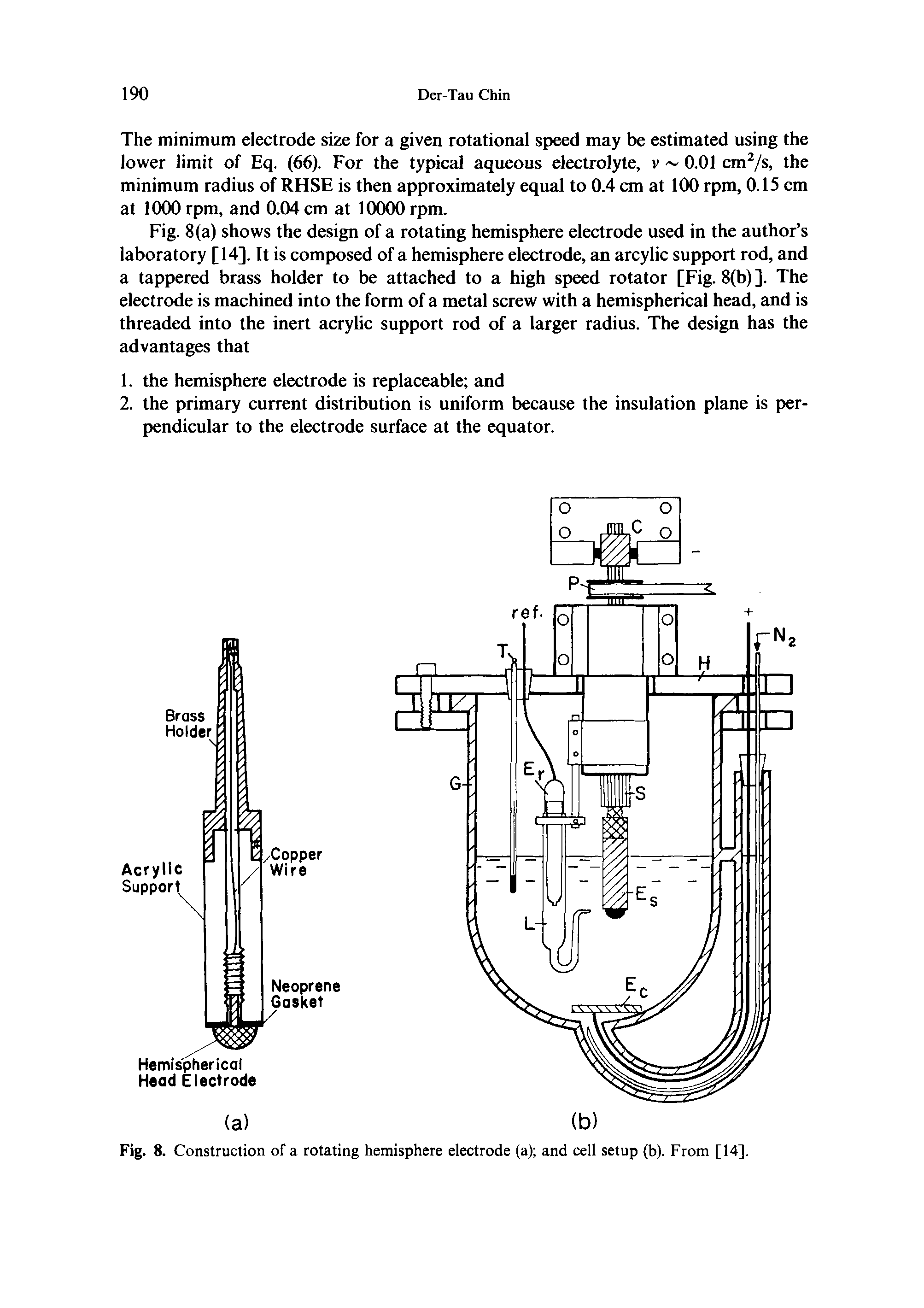 Fig. 8. Construction of a rotating hemisphere electrode (a) and cell setup (b). From [14].