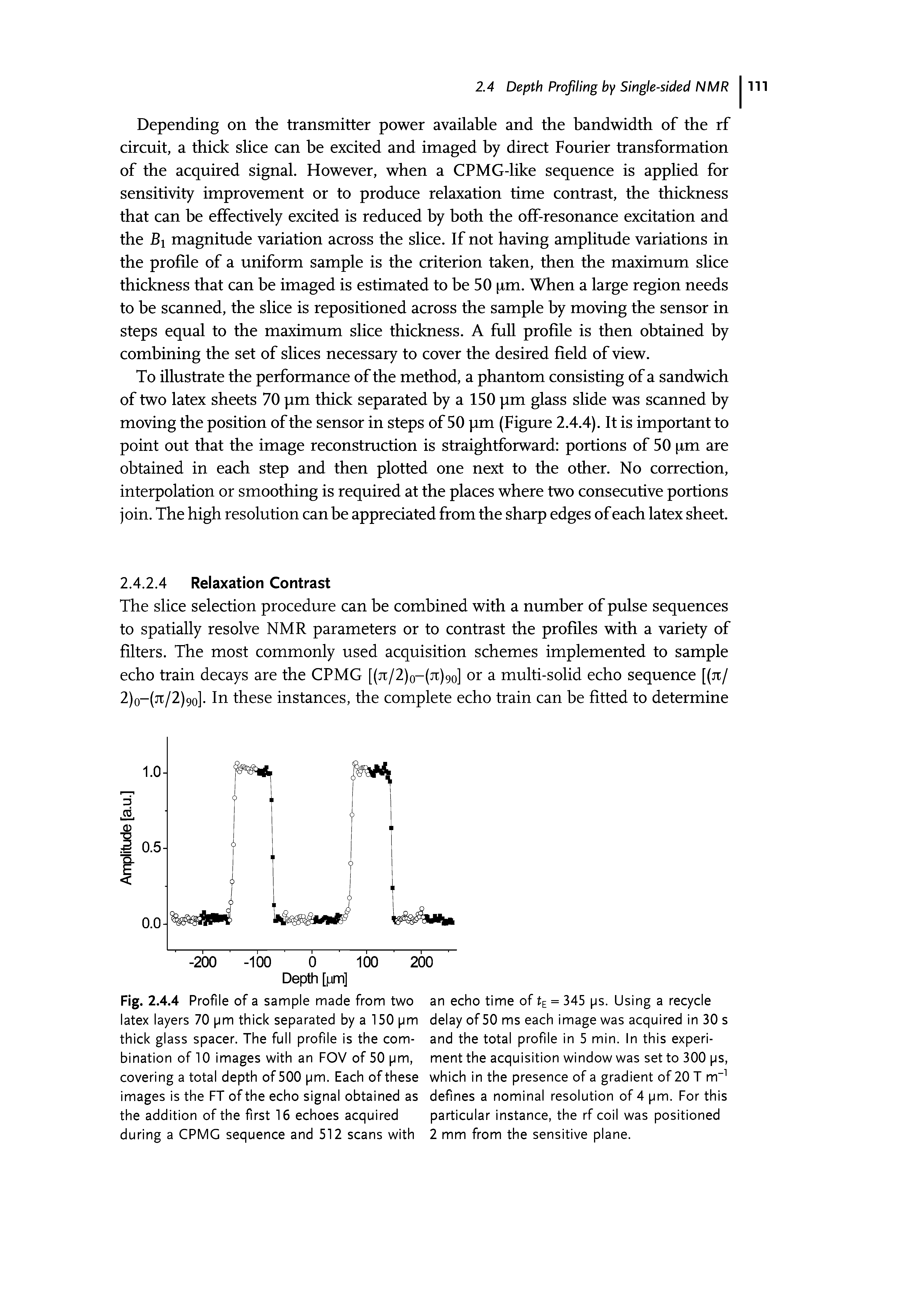 Fig. 2.4.4 Profile of a sample made from two latex layers 70 pm thick separated by a 150 pm thick glass spacer. The full profile is the combination of 10 images with an FOV of 50 pm, covering a total depth of 500 pm. Each of these images is the FT of the echo signal obtained as the addition of the first 16 echoes acquired during a CPMG sequence and 512 scans with...