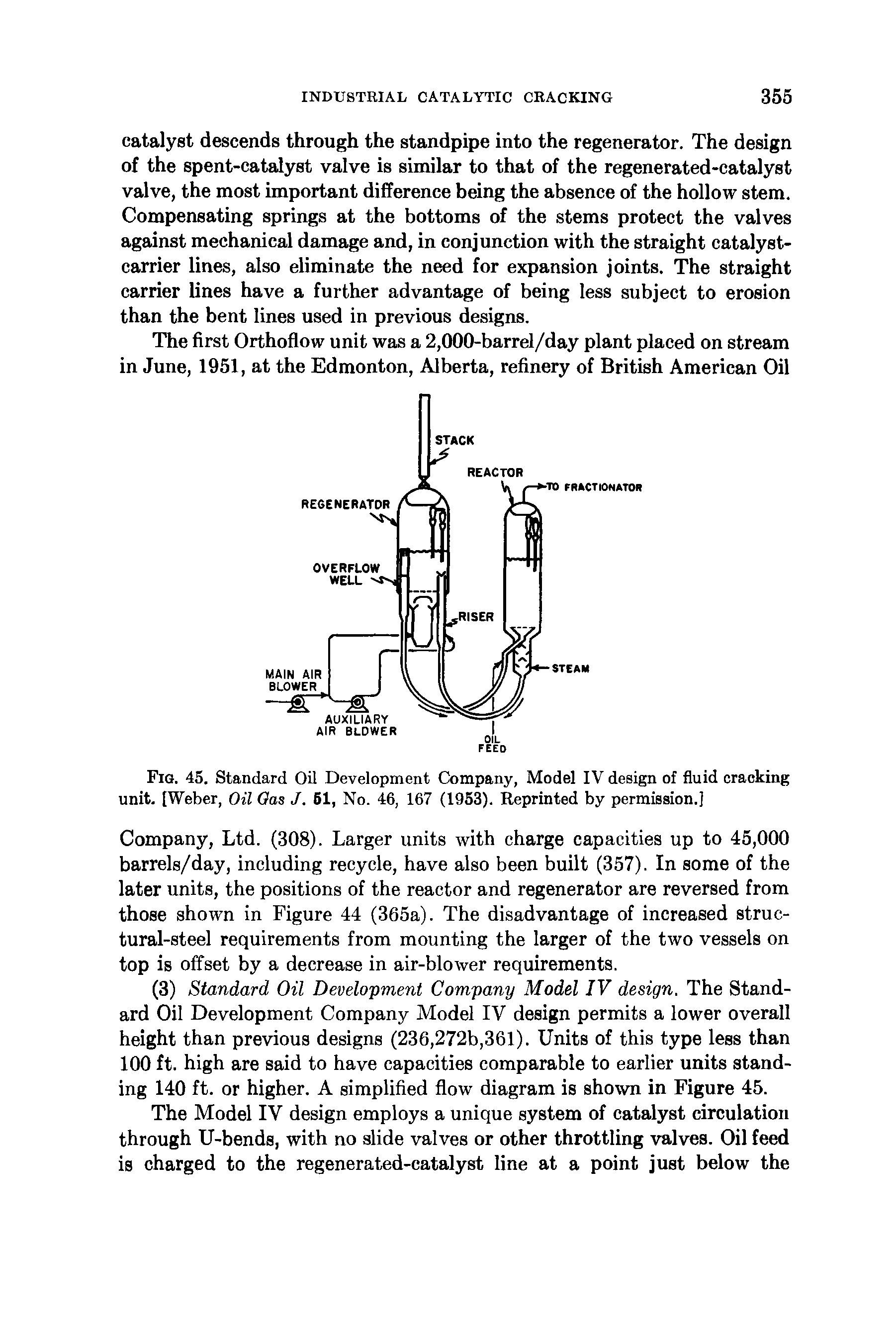 Fig. 45. Standard Oil Development Company, Model IV design of fluid cracking unit. [Weber, Oil Gas J. 61, No. 46, 167 (1953). Reprinted by permission.]...
