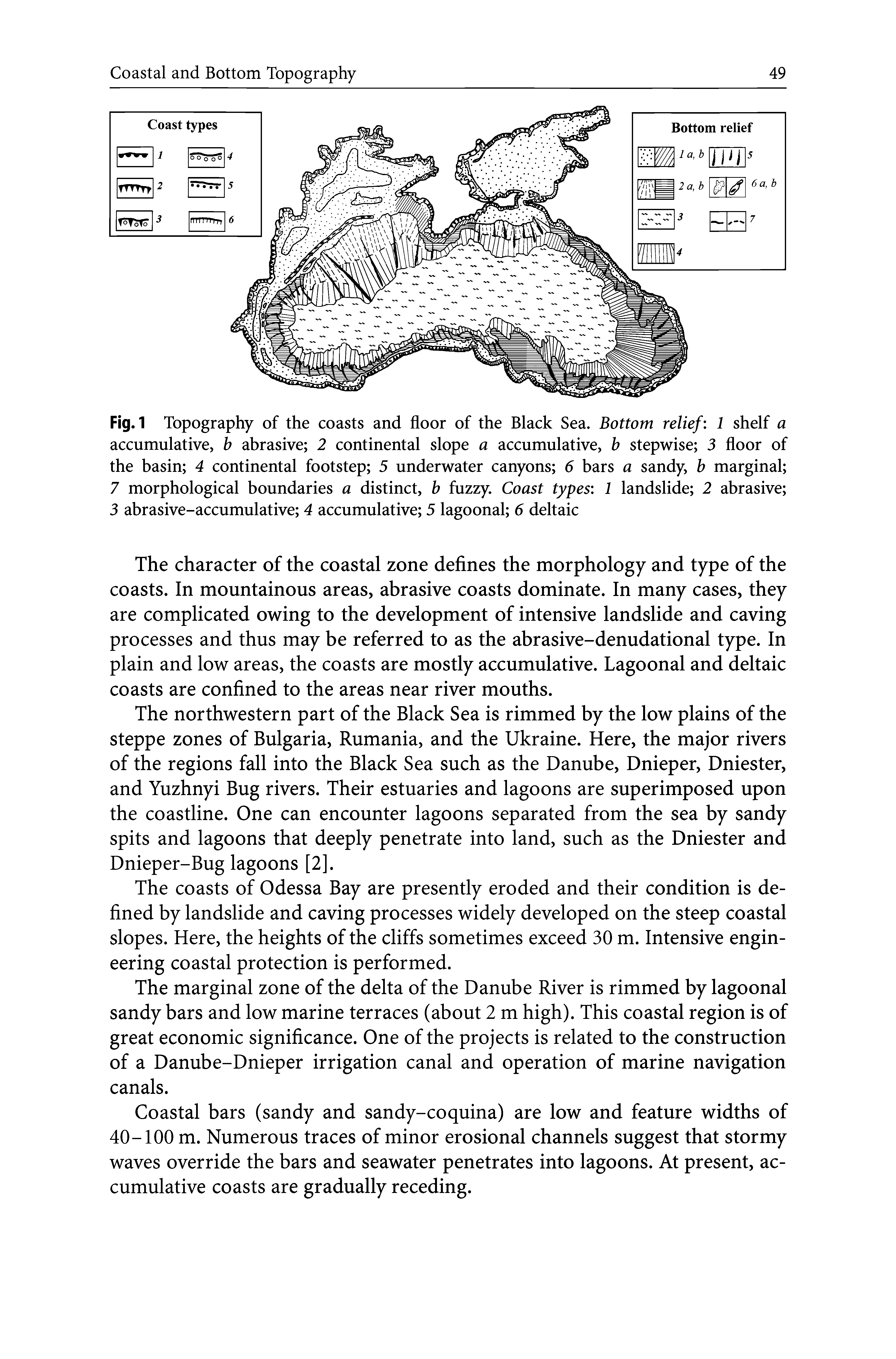 Fig. 1 Topography of the coasts and floor of the Black Sea. Bottom relief 1 shelf a accumulative, b abrasive 2 continental slope a accumulative, b stepwise 3 floor of the basin 4 continental footstep 5 underwater canyons 6 bars a sandy, b marginal 7 morphological boundaries a distinct, b fuzzy. Coast types 1 landslide 2 abrasive 3 abrasive-accumulative 4 accumulative 5 lagoonal 6 deltaic...