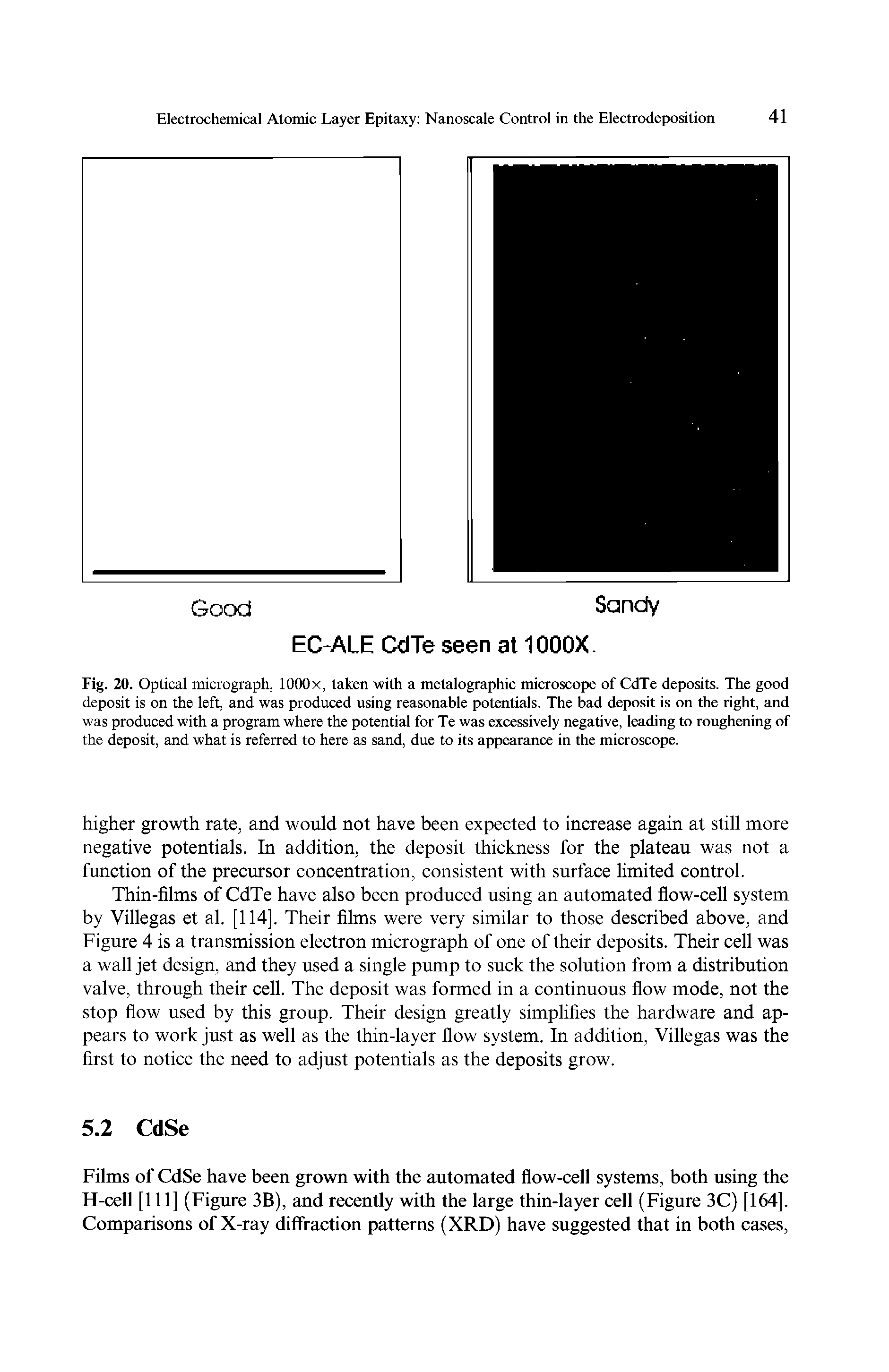 Fig. 20. Optical micrograph, lOOOx, taken with a metalographic microscope of CdTe deposits. The good deposit is on the left, and was produced using reasonable potentials. The bad deposit is on the right, and was produced with a program where the potential for Te was excessively negative, leading to roughening of the deposit, and what is referred to here as sand, due to its appearance in the microscope.