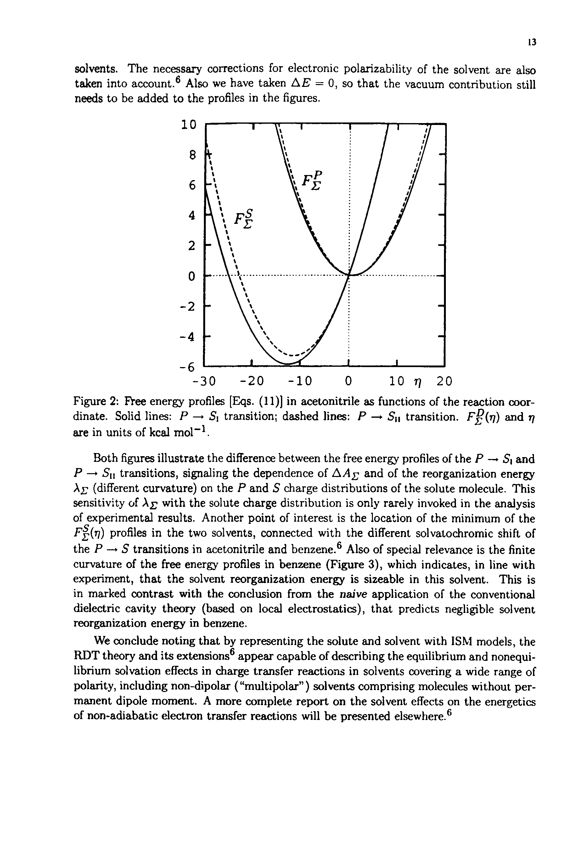 Figure 2 FVee energy profiles [Eqs. (11)] in acetonitrile as functions of the reaction coordinate. Solid lines P —> Si transition dashed lines P — Sh transition. and t)...